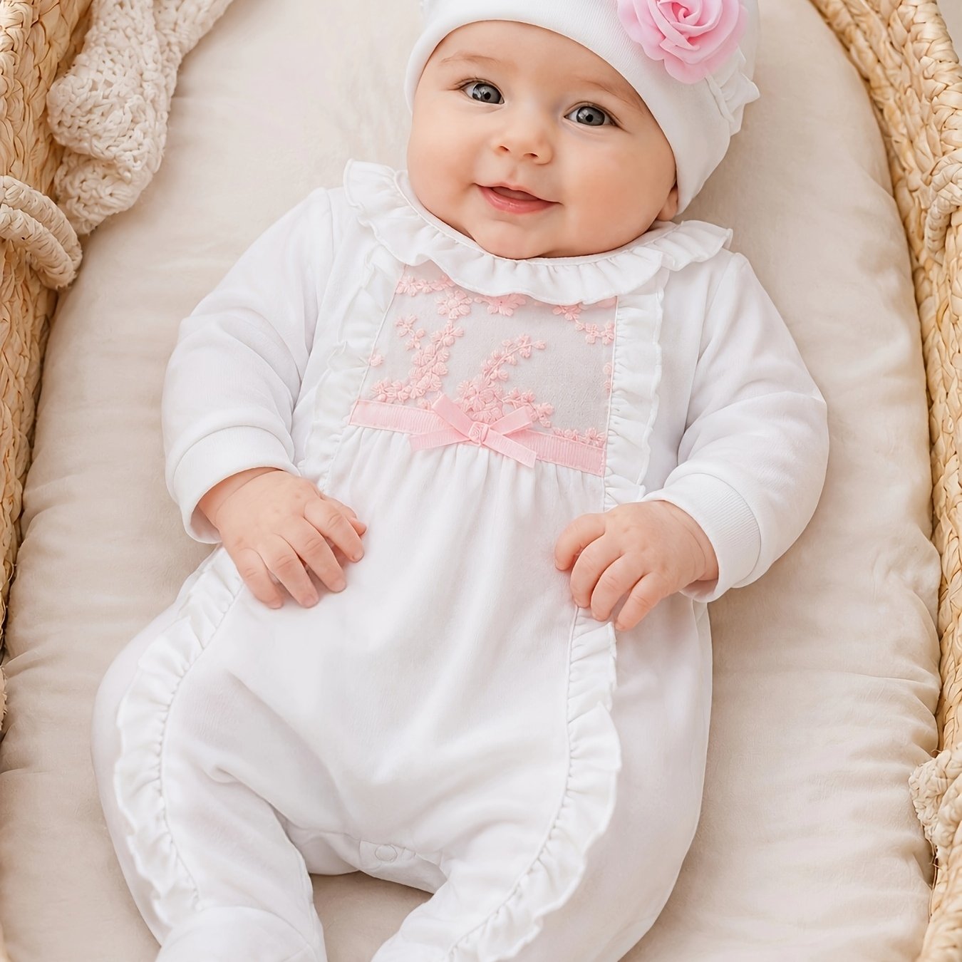 Image of Baby Bodysuit And Hat 2pcs Exquisite Decorative Border Bow Decor Jumpsuit, For Outdoor