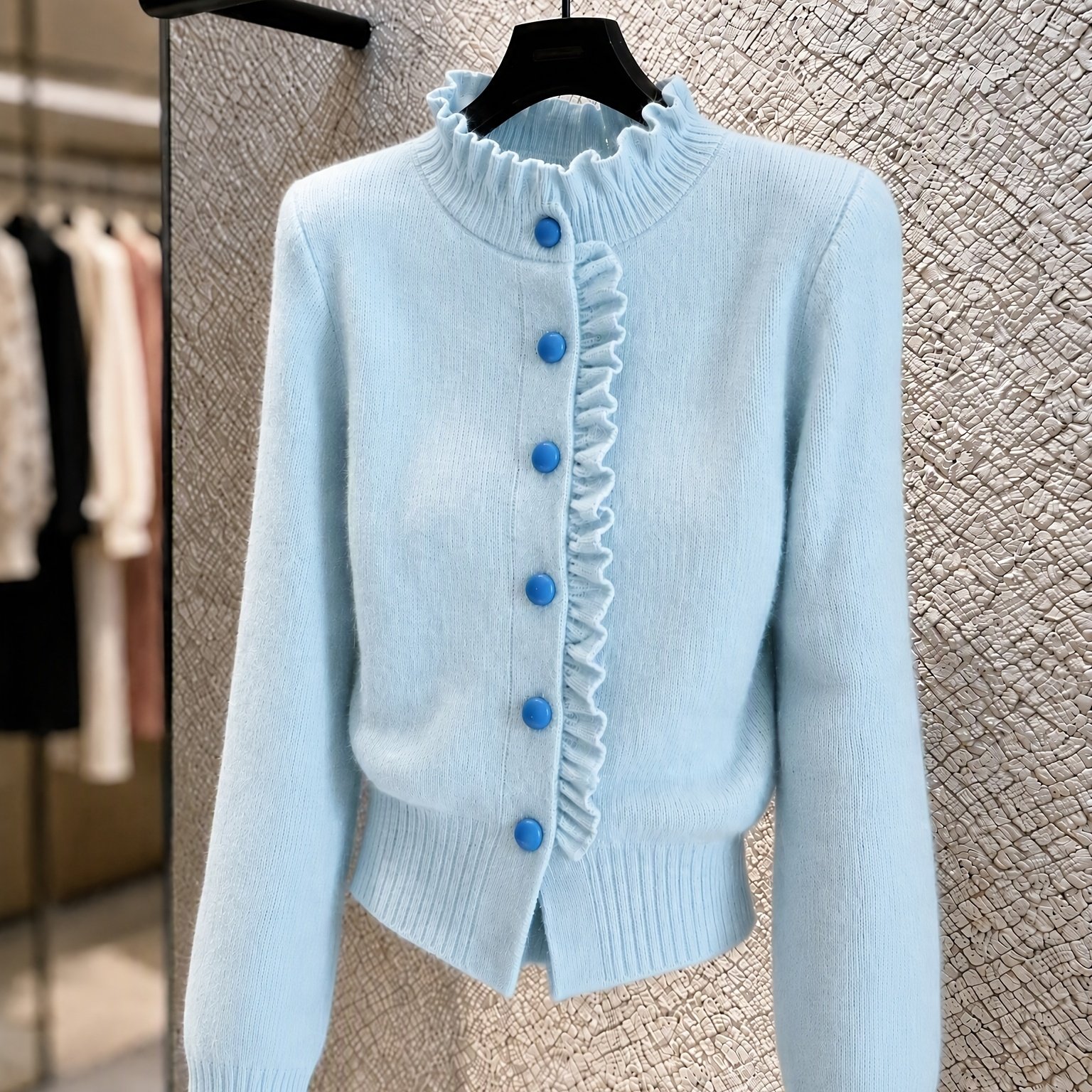 TEMU Mushroom Edge Stand Collar Contrast Button Vertical Ribbed Cardigan, Office Outing All-match Ribbed Waist-cinching Short Sleeve Outerwear Top