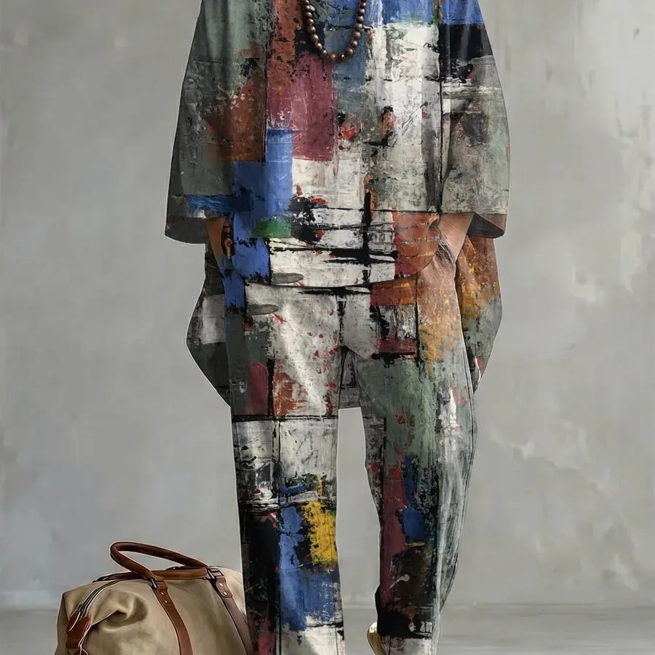 Image of Adolescentsirregular-cut Top & Casual Pants - Geometric Print Pattern (no Embroidery). Ideal For Casual , Featuring Crew Neck And Lightweight Breathable Fabric, Perfect For Outdoor, For Teenager