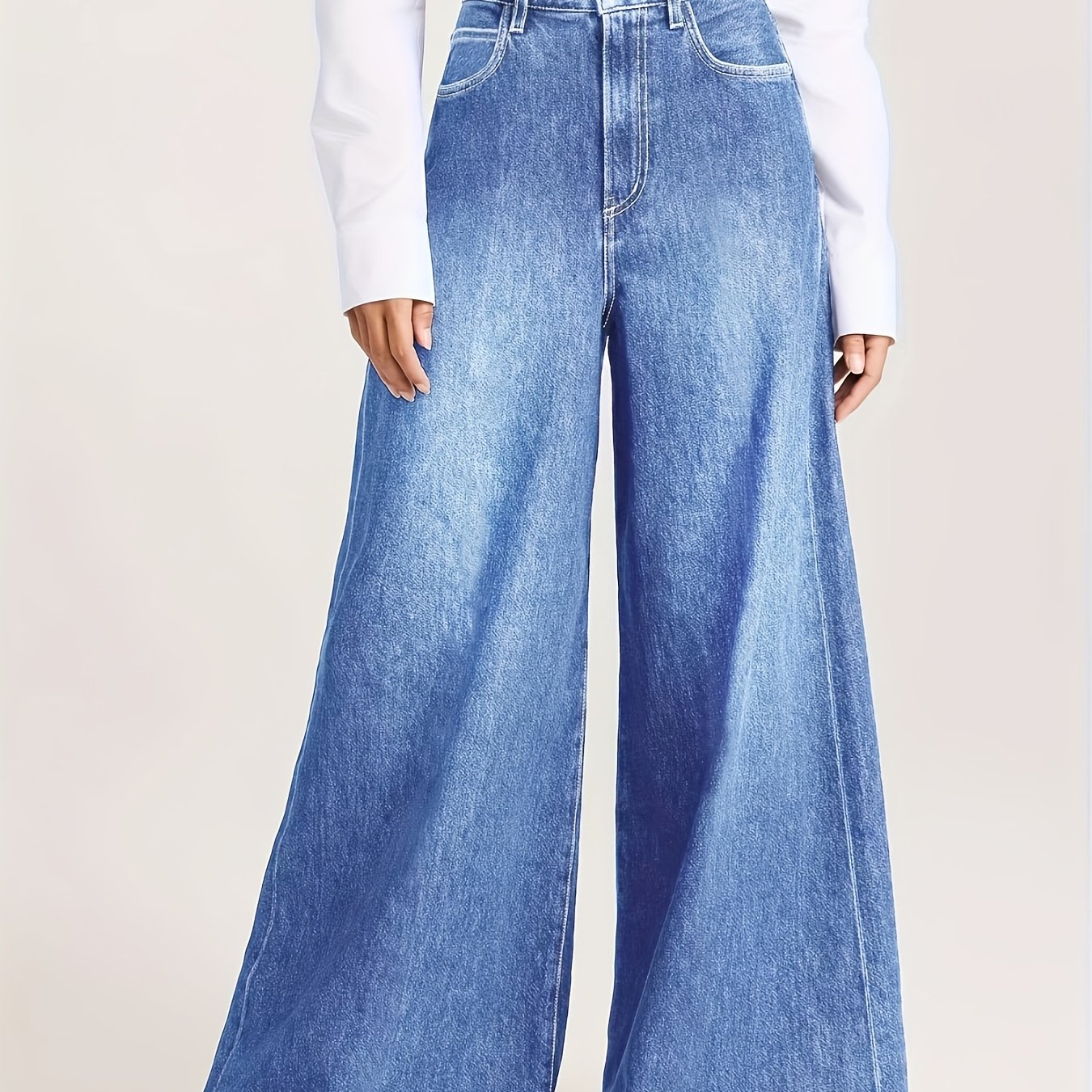 Image of Women's Mid-rise Wide-leg Jeans - Stretch Denim Relaxed Fit Straight-leg Pants, Machine Washable Elegant Streetwear For Casual & Formal Outfits, , Comfortable Wear