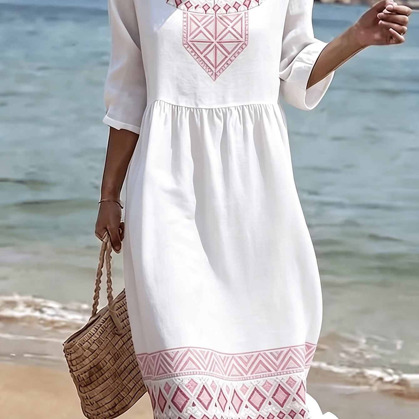 Image of Plus Size, Women's Summer Dresses Geometric Pattern Pink Print Bohemian Style Casual Hawaiian Fashion Print Suitable For Spring And Summer Casual Wear