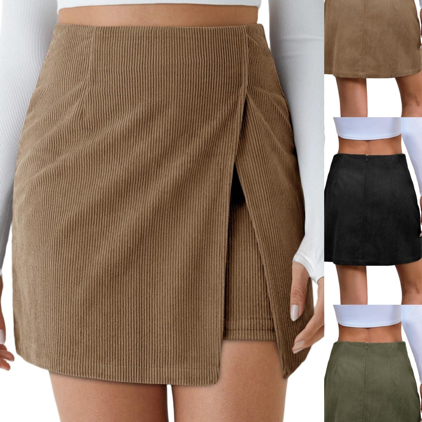 Image of Casual High-waisted Corduroy Mini Skirt For Women, Featuring A Side Slit And A-line Bodycon Design, Wear