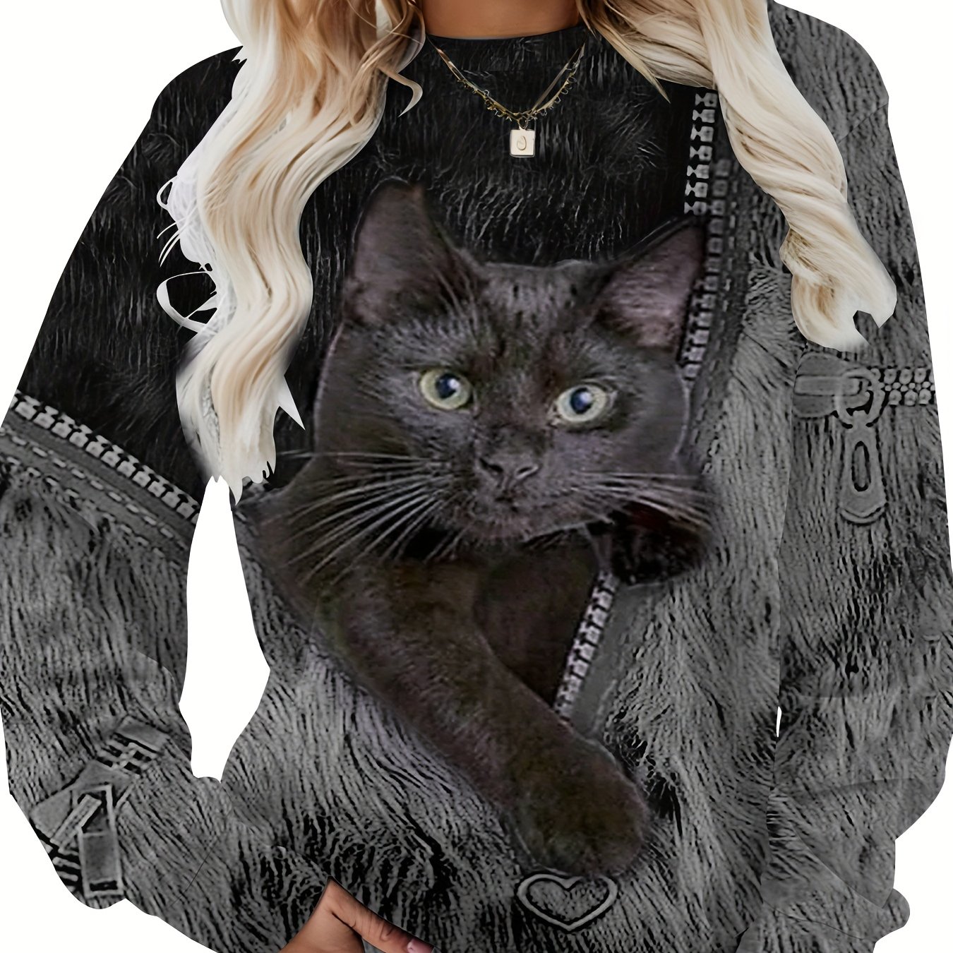 TEMU Sweat-shirt de sport grande taille pour femmes, col rond décontracté avec fausse fermeture éclair et un joli imprimé de chat, élégant et