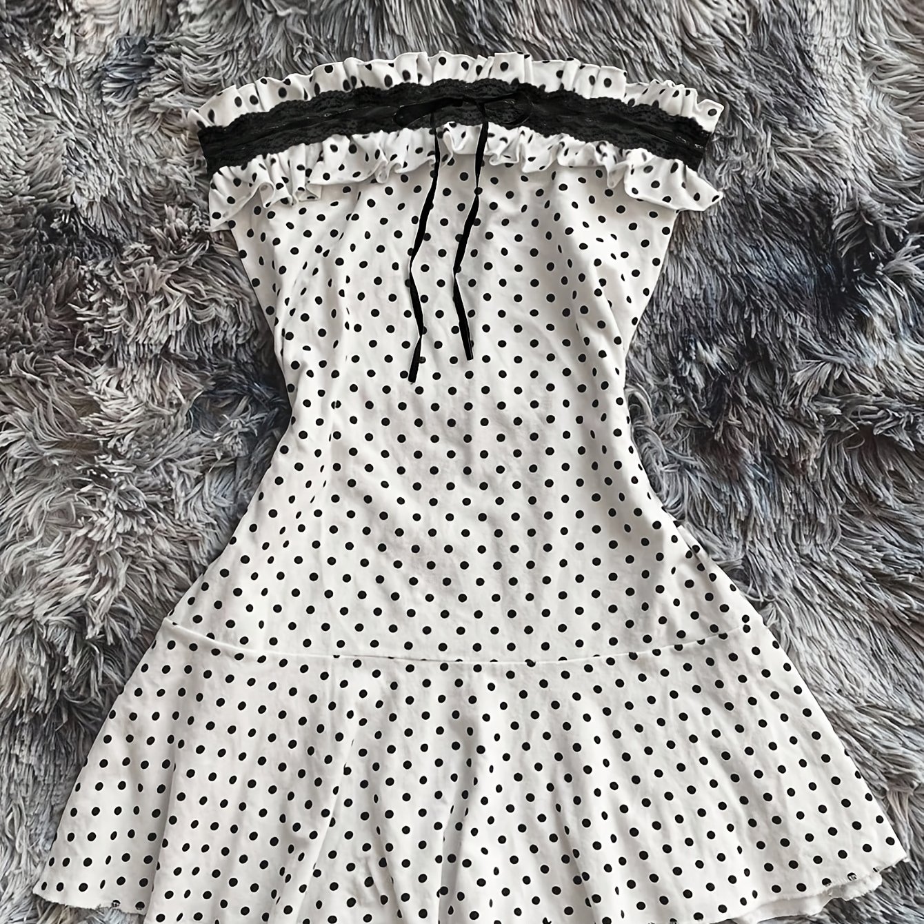 TEMU Women's Pleated Polka Dot Print Contrast Lace Strapless Mini Dress