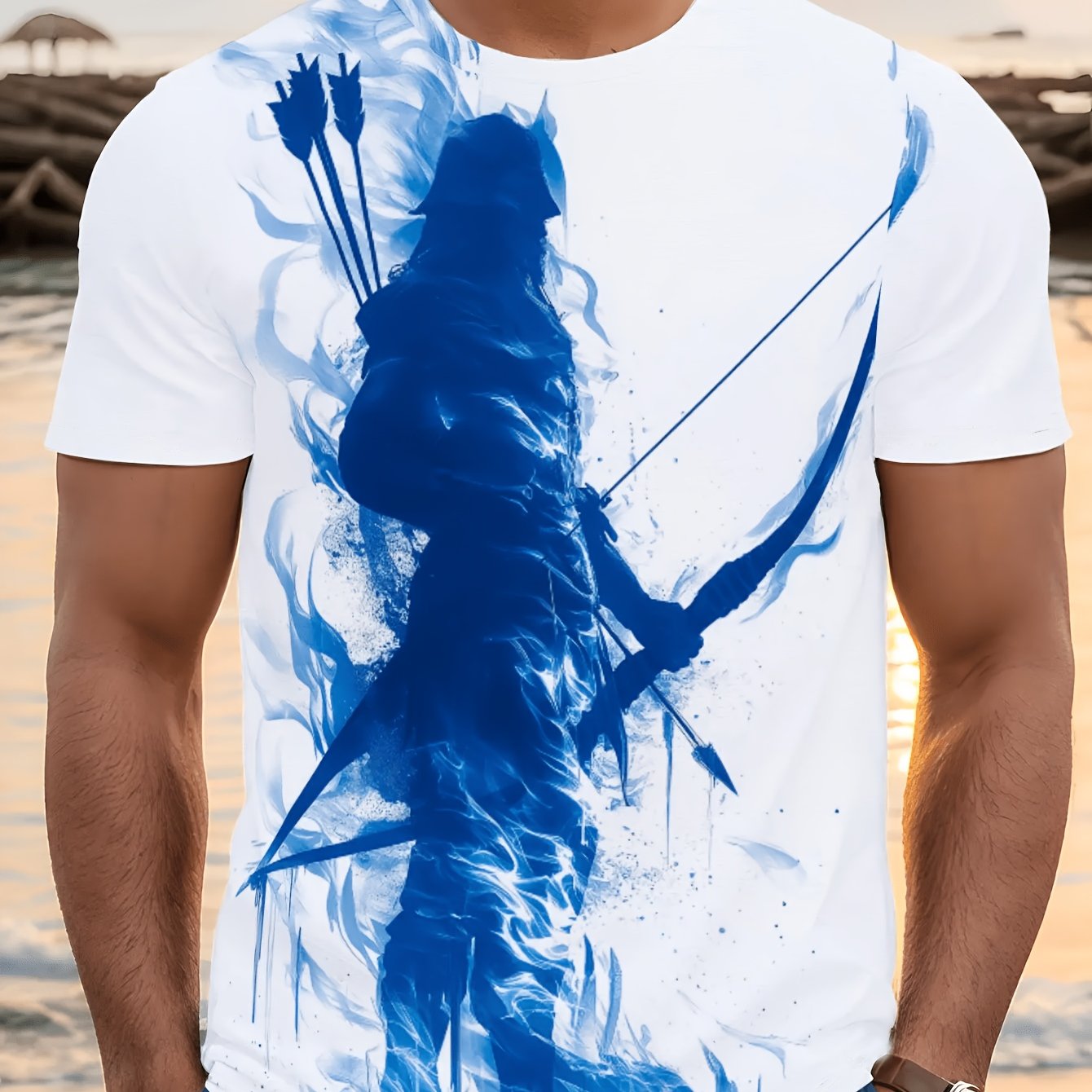 TEMU Men's Printed T-shirt White Blue Archer Silhouette With Bow And Arrows Graphic Design Casual Daily Wear Summer Beach Vacation Fashion Top -