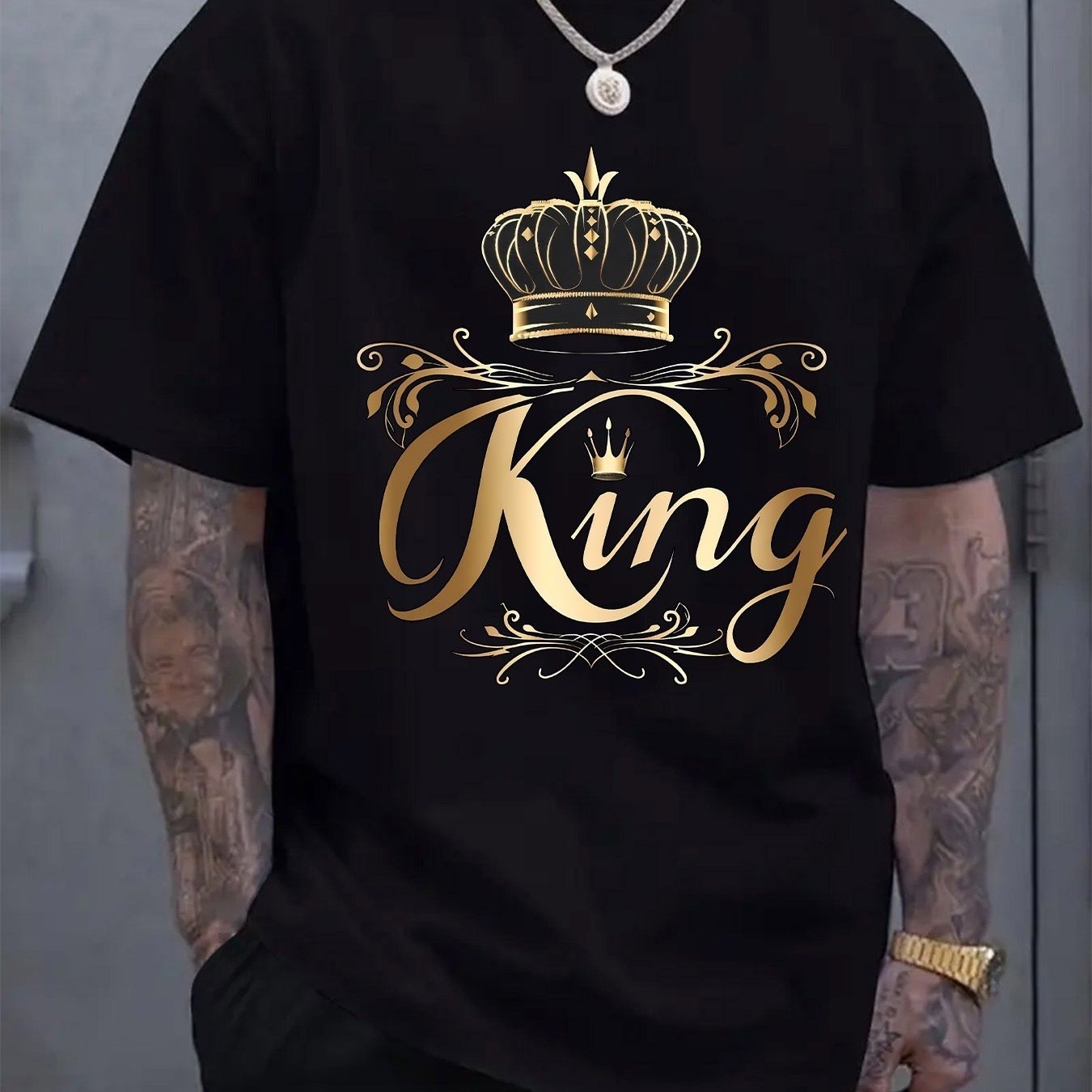 TEMU Men's Casual Round Neck T-shirt, "king" And Crown Print - Lightweight Loose Fit Tee, Breathable Summer Shirt, Suitable For Outdoor Activities,
