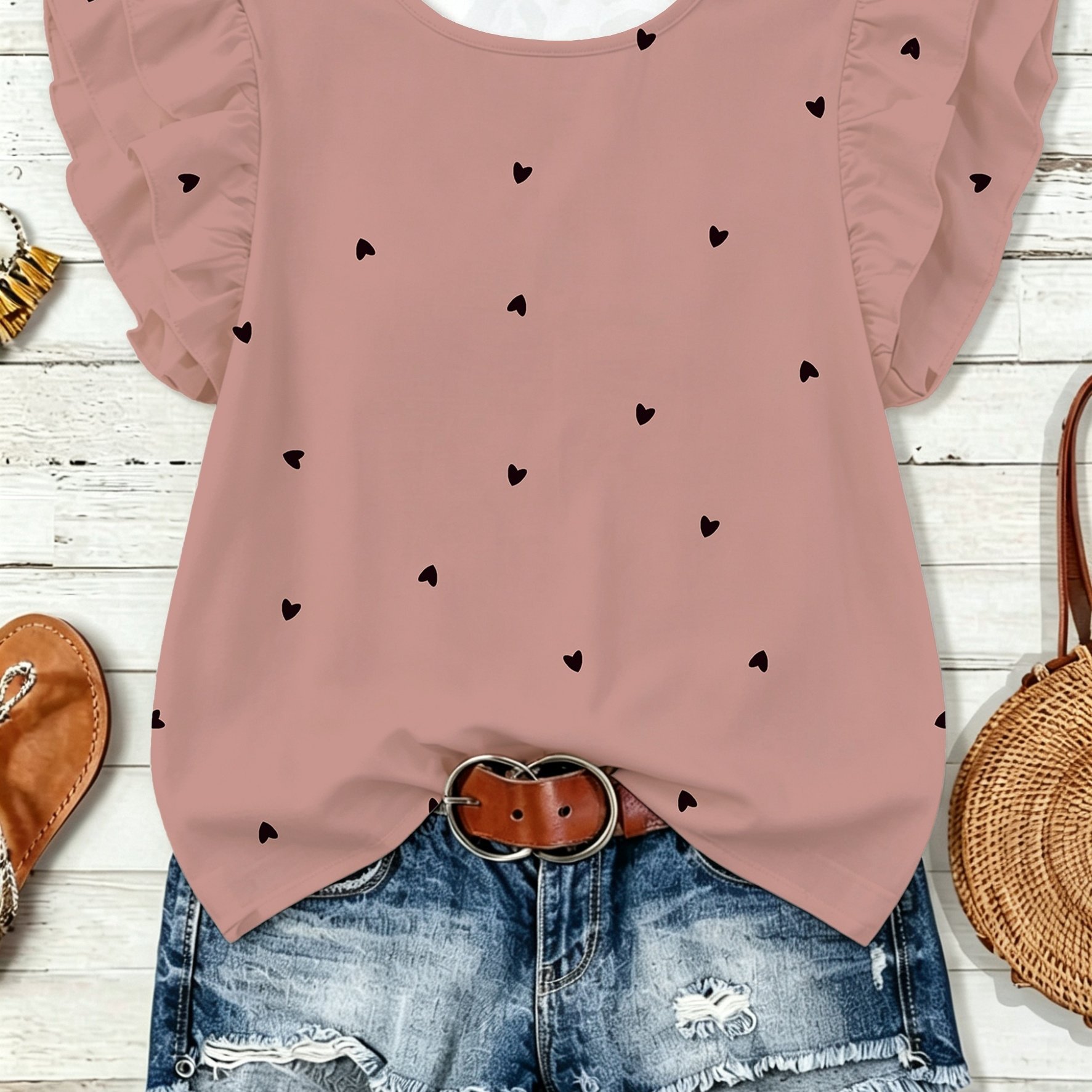 TEMU A Casual And Elegant Women's Top - A Stylish Women's Blouse Featuring An Elegant Heart Pattern, , Round Neckline, And Double-layered Sleeves. A
