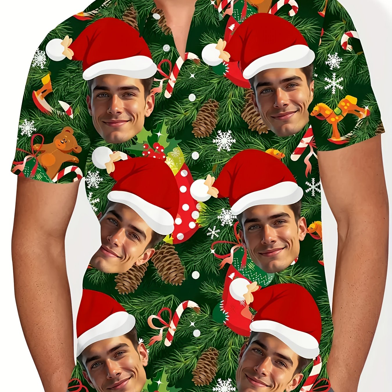 TEMU Men's Personalized Santa Hat & Custom /name Hawaiian Shirt - Christmas & Print Short Sleeve Button-up, Collar Summer Party Wear Suitable For