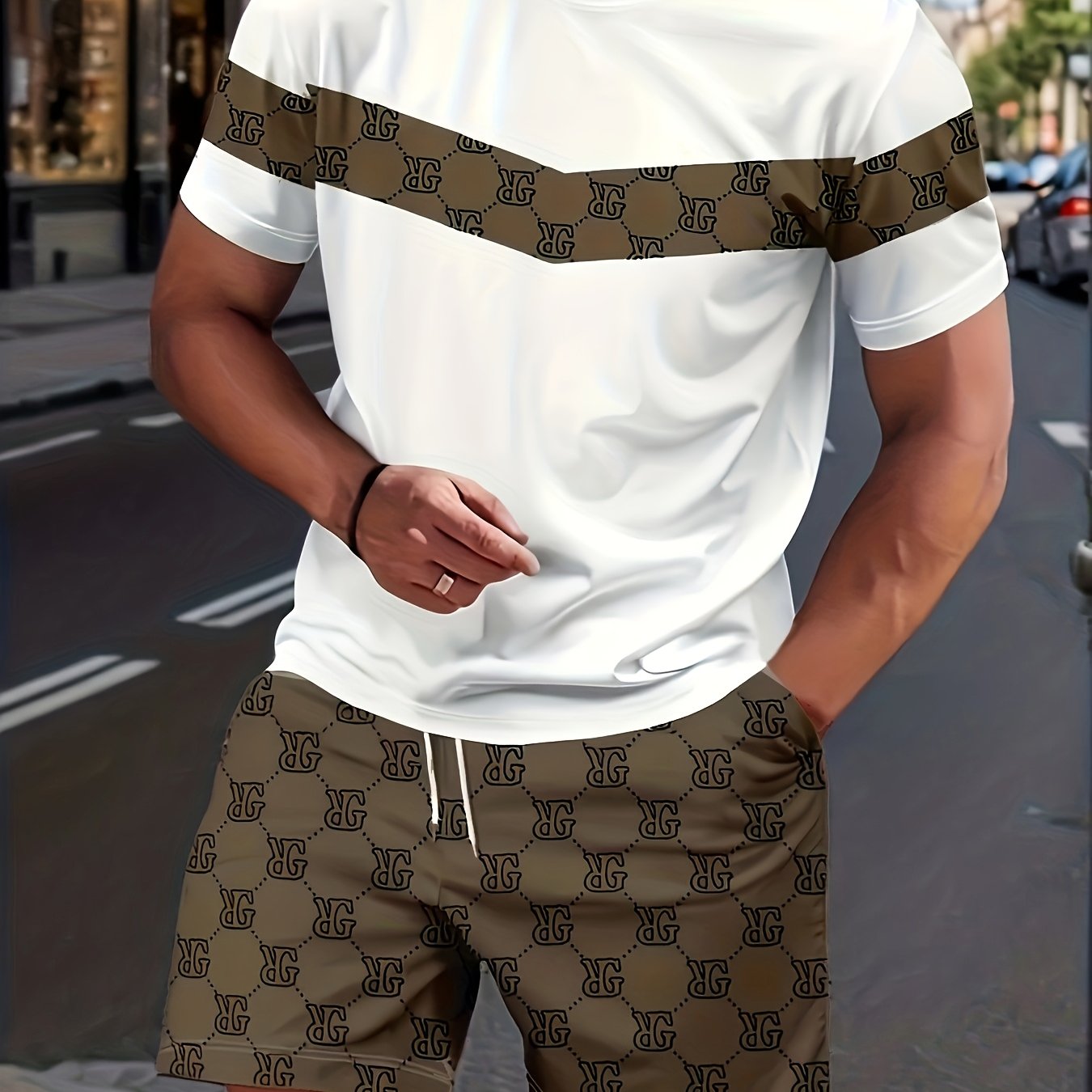 New Casual Men's Short Sleeve + Drawstring Pocket Summer Sports Set, Breathable And Soft For Outdoor Activities Gatherings