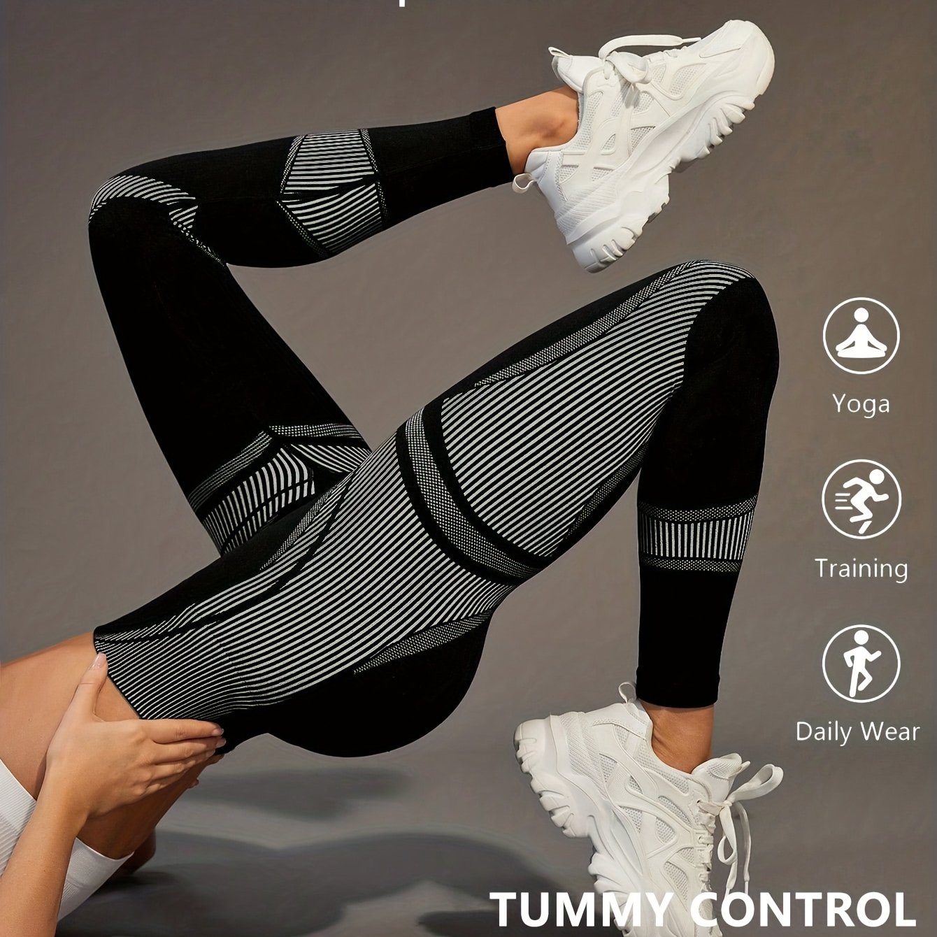 TEMU Pantalon Long Taille Haute pour Femme, 1 pièce Legging à Rayures Contrastées Noires et Blanches avec Silhouette Aérodynamique, Motif , Adapté à