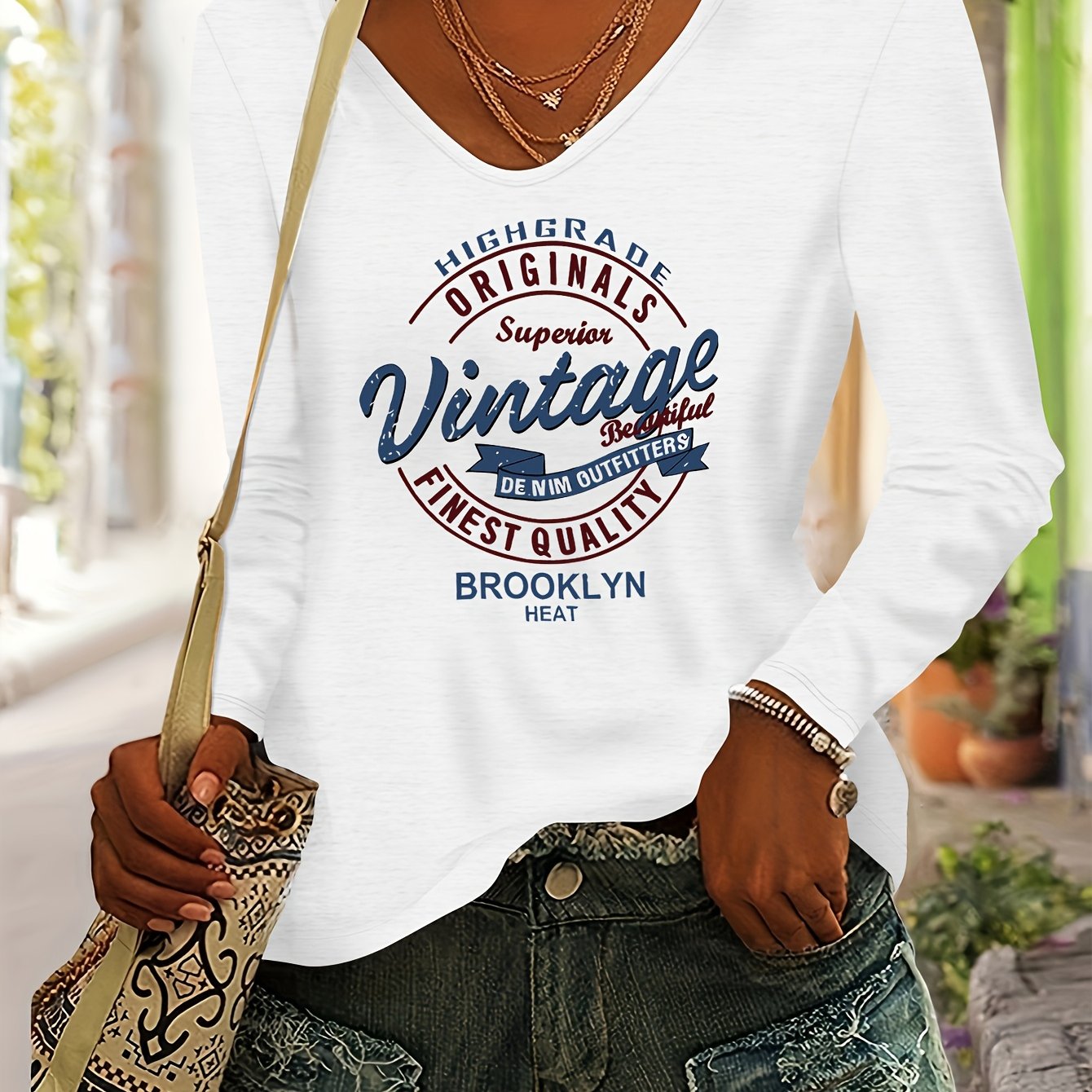 TEMU Brooklyn Vintage Printed Women's Fall Winter Top Casual Versatile Colored V-neck Long Sleeve T-shirt