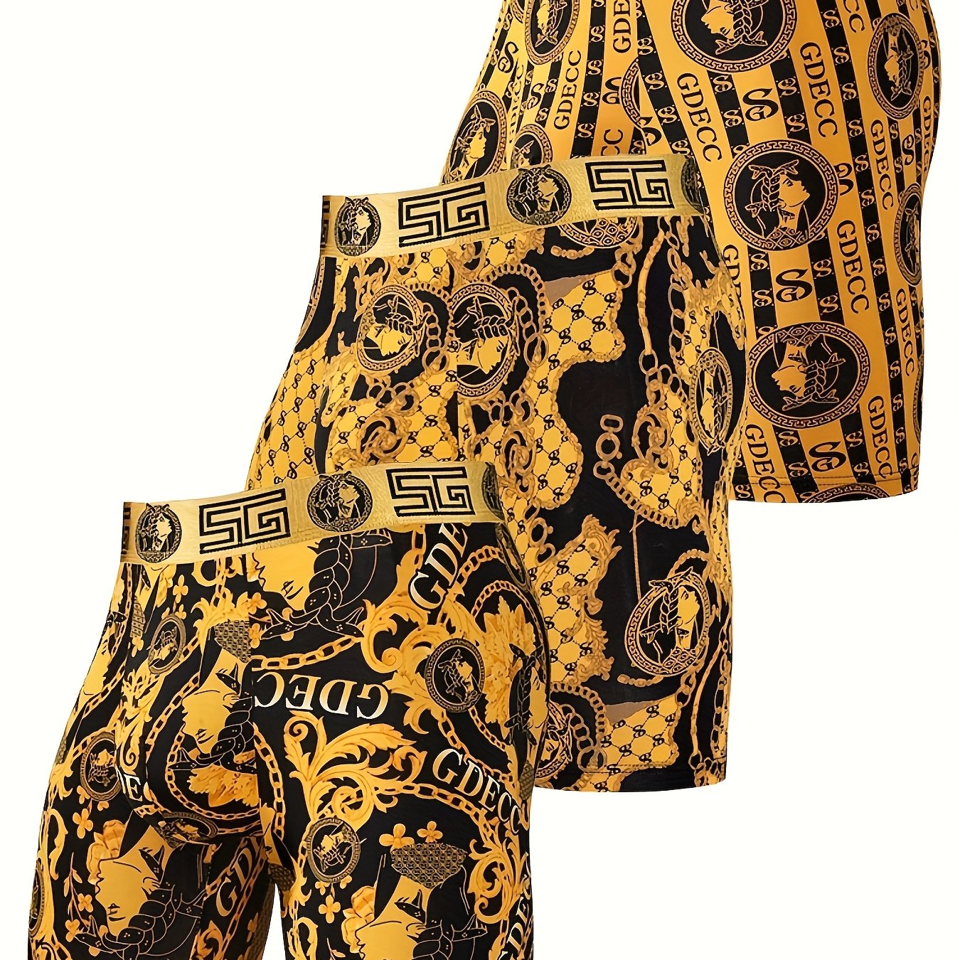 TEMU Random 3-pc Assorted Men&;s Summer Boxer Briefs And Swim Trunks - Comfortable, Breathable And Cooling - Black-golden - Long-length Design