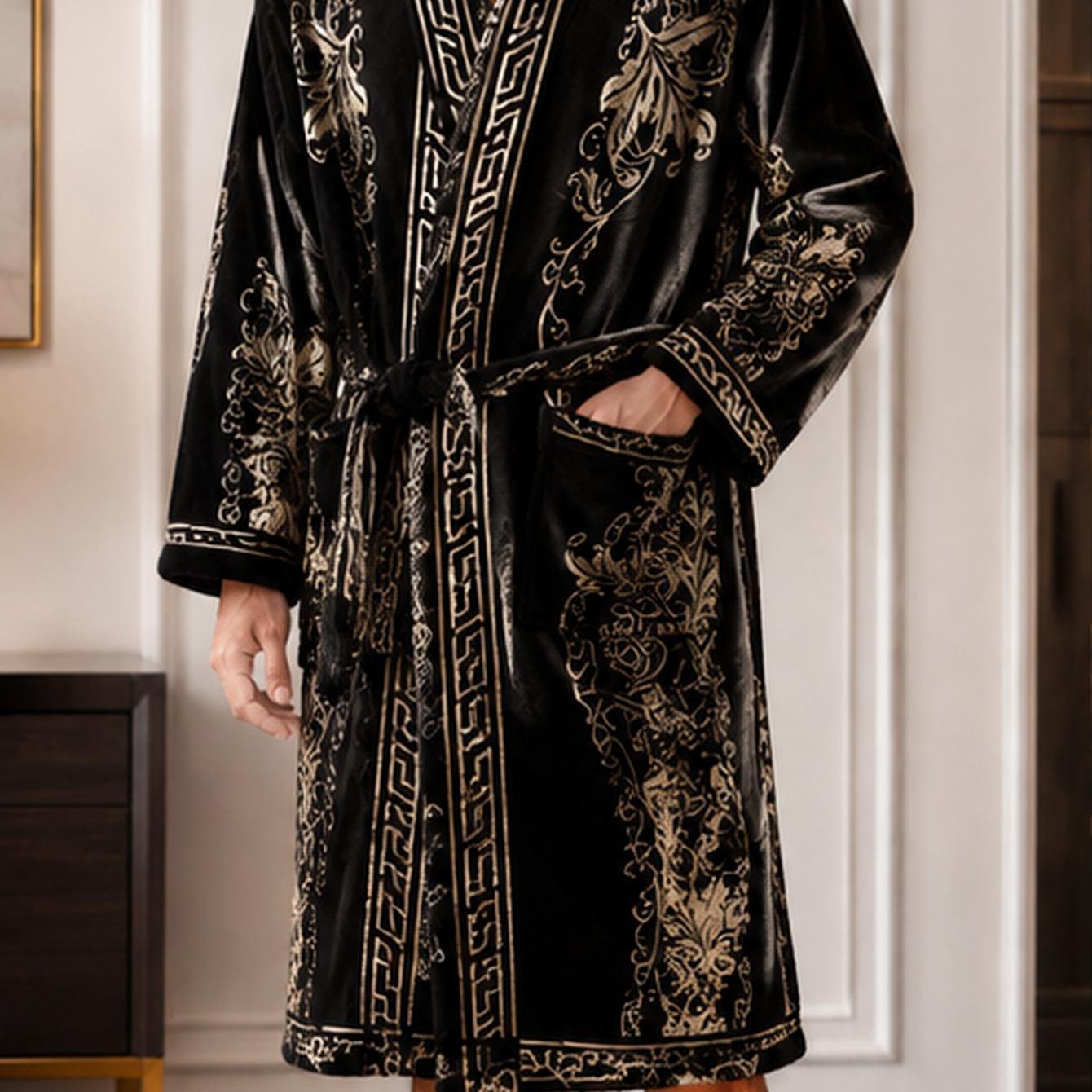 Image of Men's Autumn/winter Plush Thickened Warm Robe, Bathrobe Velvet Men's Robe With Golden Baroque Pattern For Hotel & Home Belted Style With A Pockets Pajamas For Christmas, Halloween
