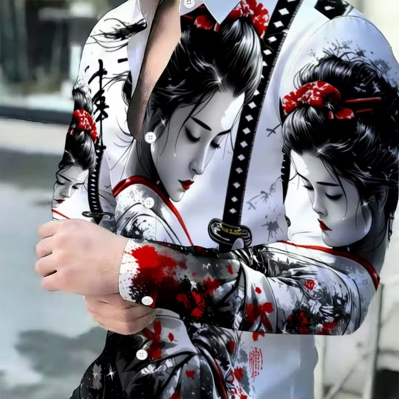 TEMU Japanese Print Shirt, Chinese Warrior Themed Trendy Long-sleeve Shirt, Unique Street Fashion For Spring And Summer