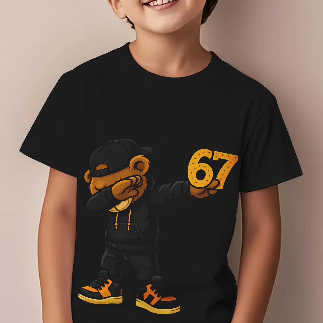 Image of Fashionable Creative Trendy Bear Graphic Print T-shirt For Boys, Featuring A , Perfect For Summer Streetwear For Boys And Girls