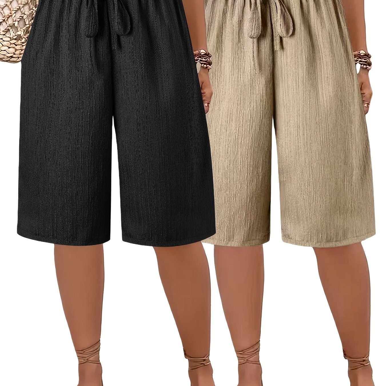 TEMU Grande Taille - Grande Taille - 2pcs Grande Taille Femme Décontractée Vacances Shorts Pantalon de Plage Tissu Respirant