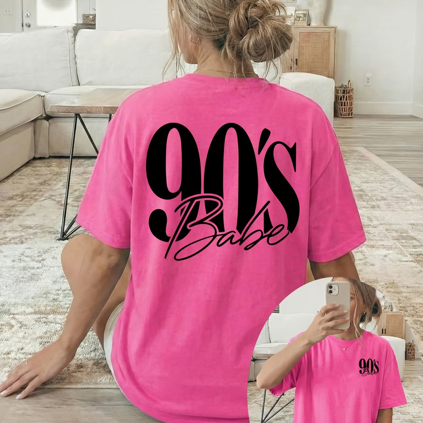 TEMU [front And Back Double-sided Print] Women's Casual Top, Round Neck Short Sleeve, Black Artistic Font 90' T-shirt, Breathable Machine Washable