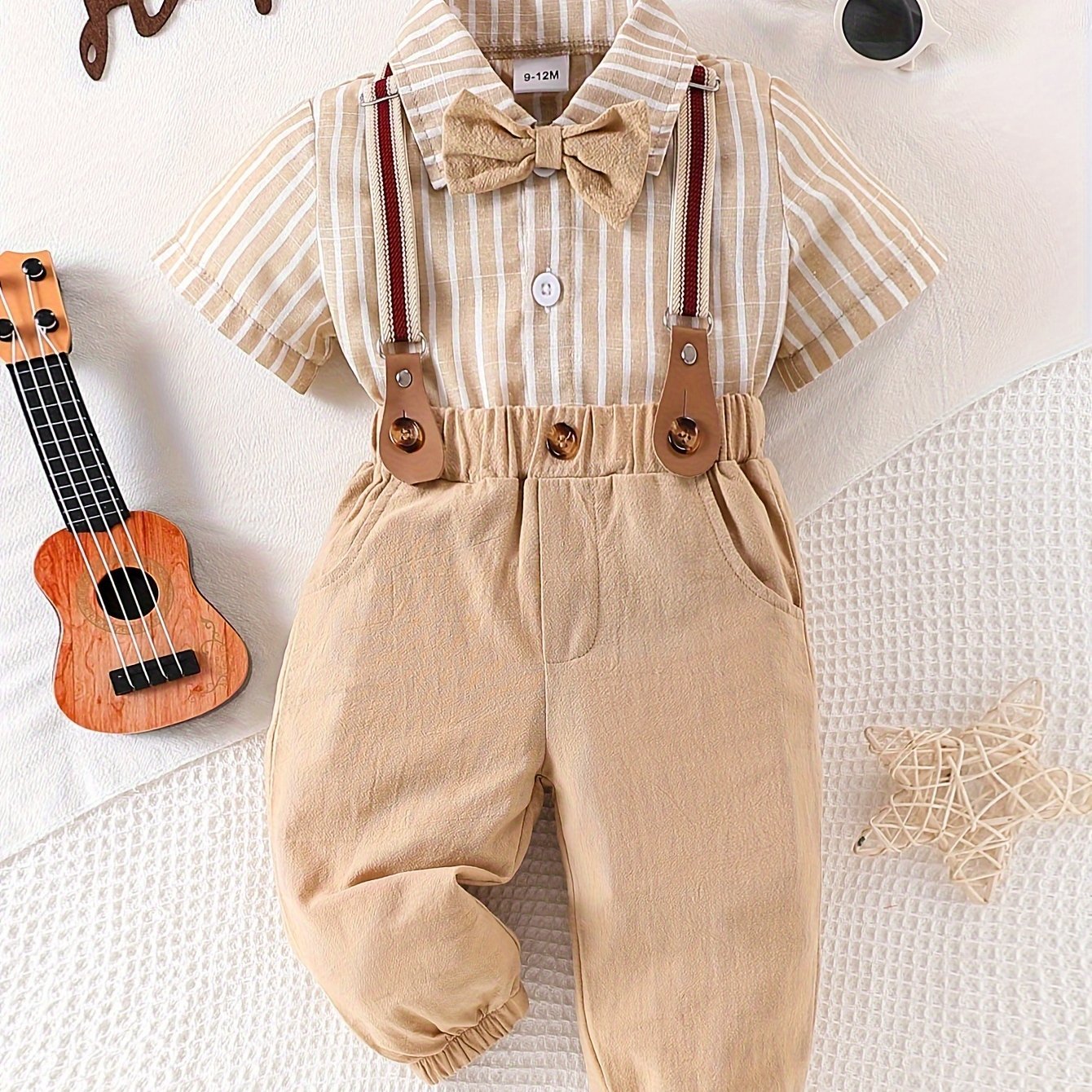 Image of A Set Of 2 Short-sleeved Shirts For Baby Boys Featuring A Vertical With A Bow Tie Decoration And Detachable Suspenders, Suitable For Parties, Wedding , And For Everyday Wear , Summer, And Autumn