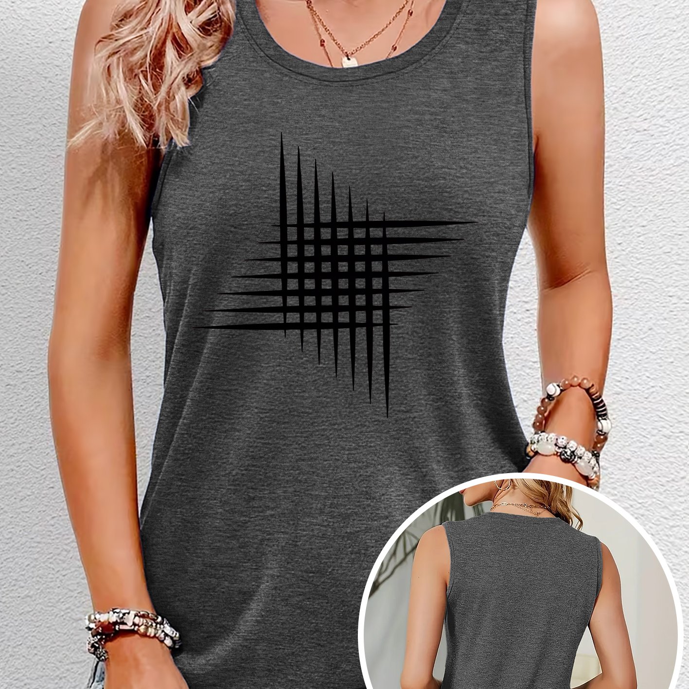 TEMU Tanktop für Damen mit Rundhalsausschnitt und Linienmuster, bequemes, weiches und atmungsaktives neues Frühlings- und Sommeroberteil, modisches