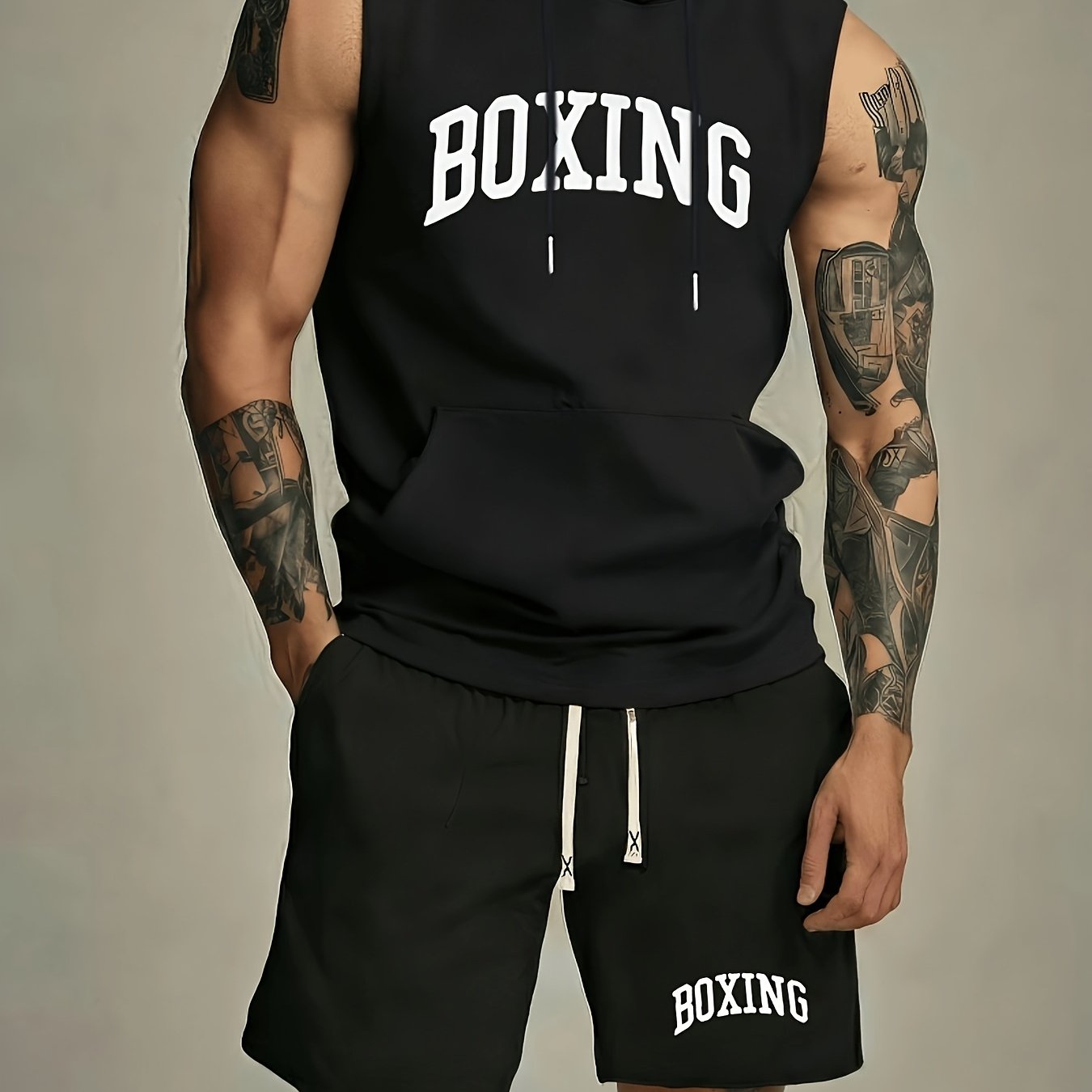 TEMU Conjunto Deportivo Casual para Hombre con Sudadera sin y Pantalones Cortos de Cintura Elástica de Dos Piezas, Estampado BOXING y Bolsillo ,