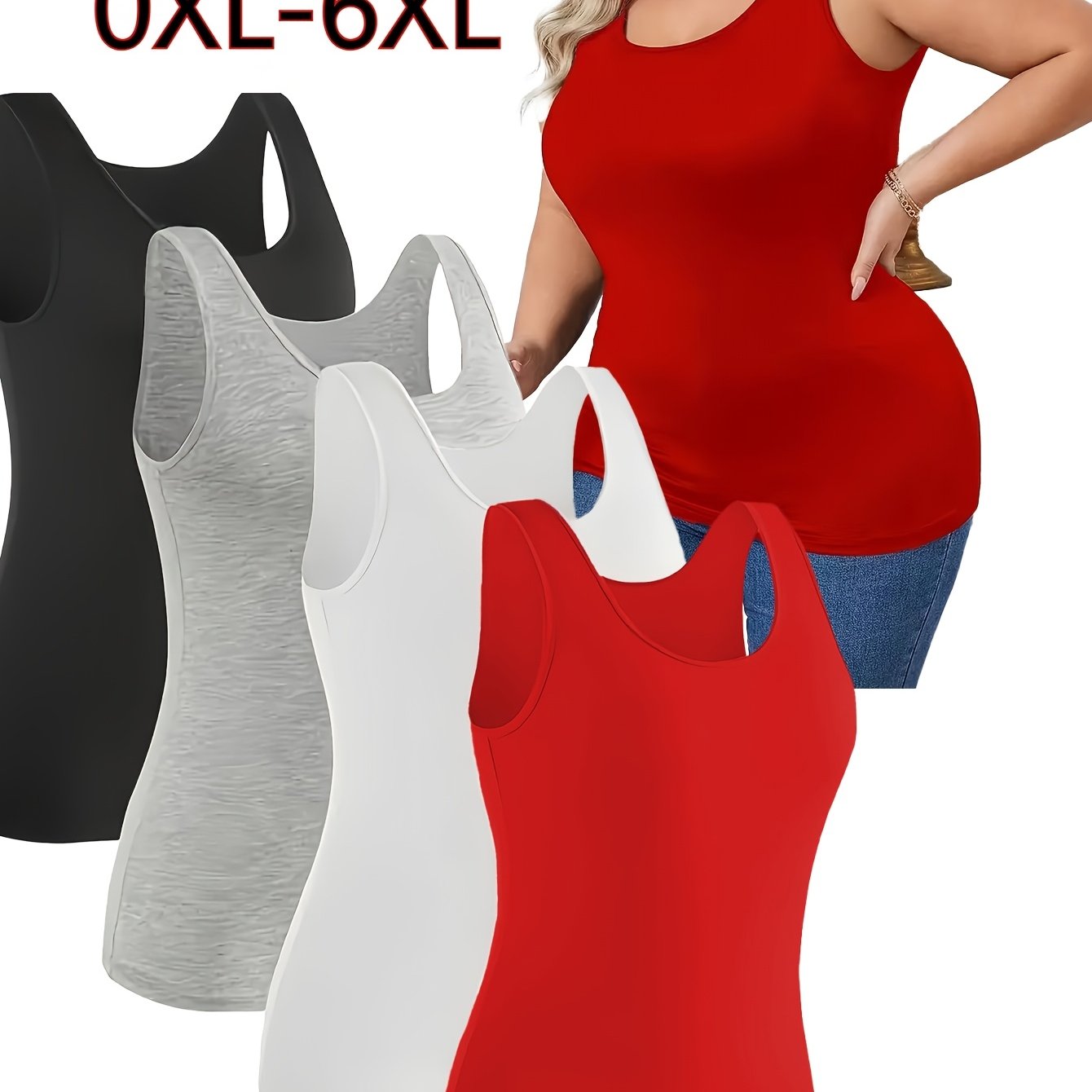 E-shop Plus Size, 4er-Pack Damen Plus-Size Ärmellose Tanktops – Weiche, dehnbare Layering-Basics in , Grau, Rosa | Nicht durchsichtige Unifarbene Tops