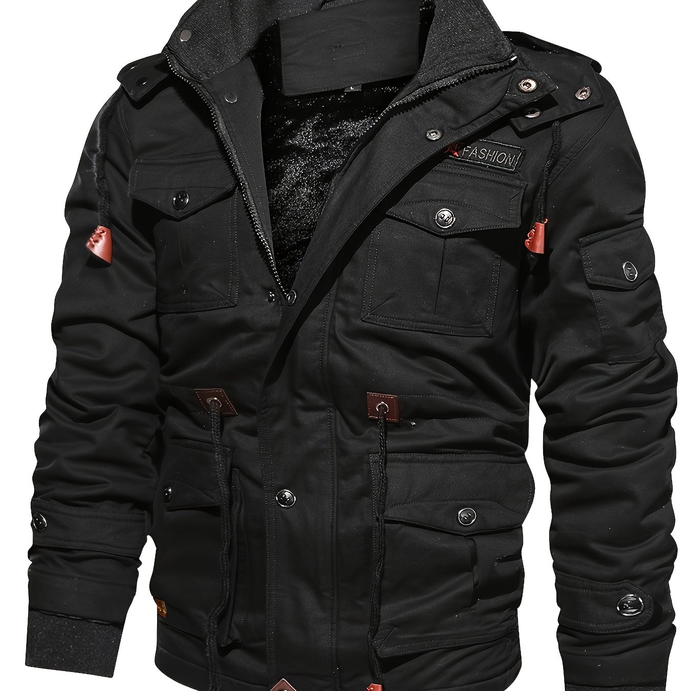 Image of 2025 New Winter Casual Multi-pocket Workwear Hooded Men's Jacket, Fleece-lined Mid-length Jacket With Detachable Hood