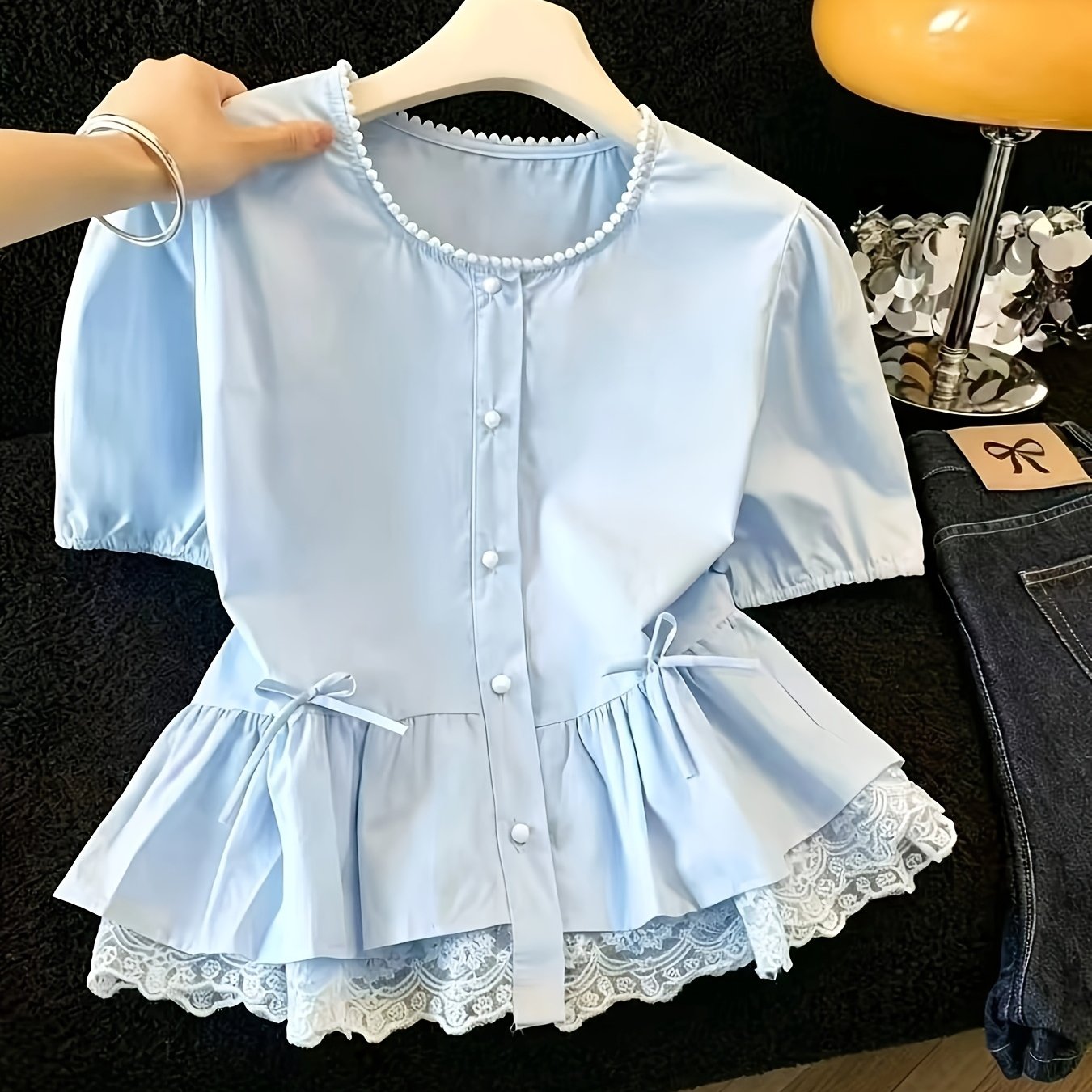 TEMU 【商品名】テクスチャード ラチェド ウエスト ライトブルー シャツ レディース 夏 レース パッチワーク トップス