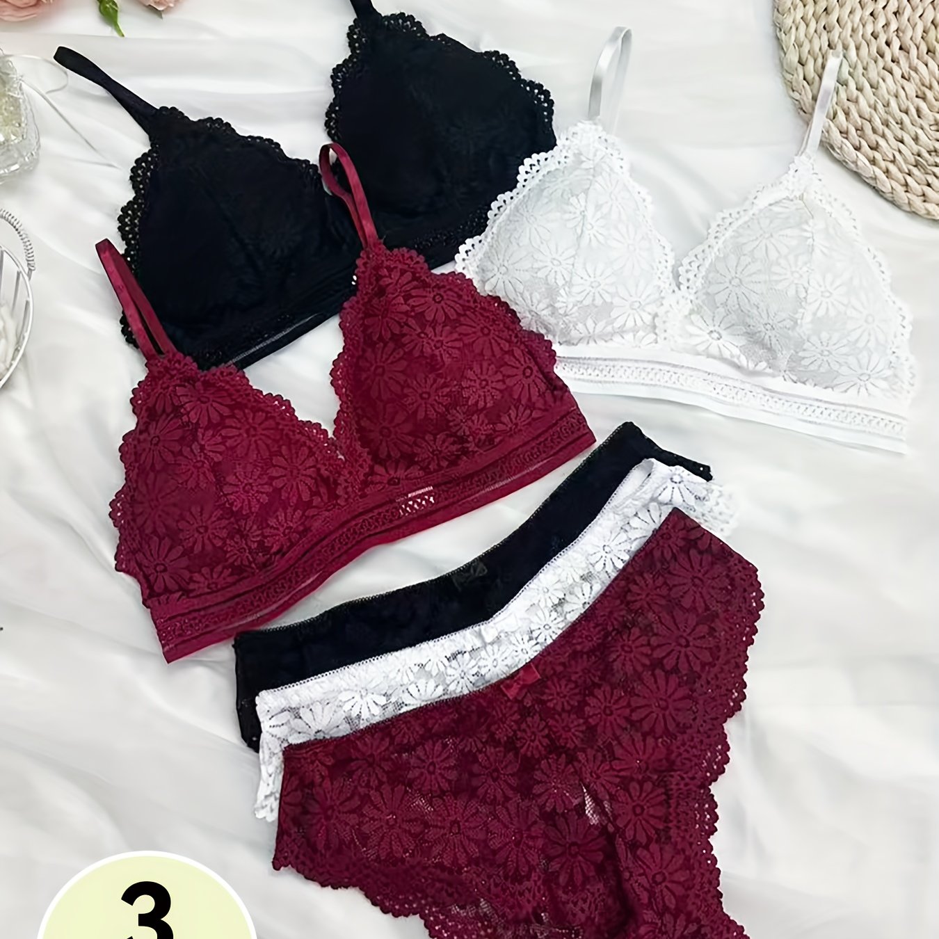 TEMU 6pcs Minimalist Lace Bra Set, Comfortable And Breathable Women's Lingerie And Panties