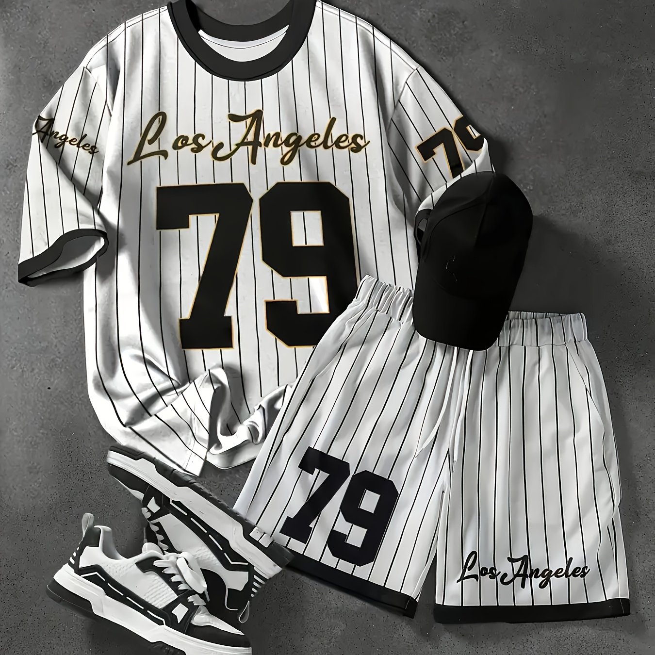 Men's Casual T-shirt And Shorts Set Featuring A Los Angeles Letter Design And '79' Pattern, Perfect For Summer Outdoor Activities, Made From Knitted, Making It An Ideal Gift For