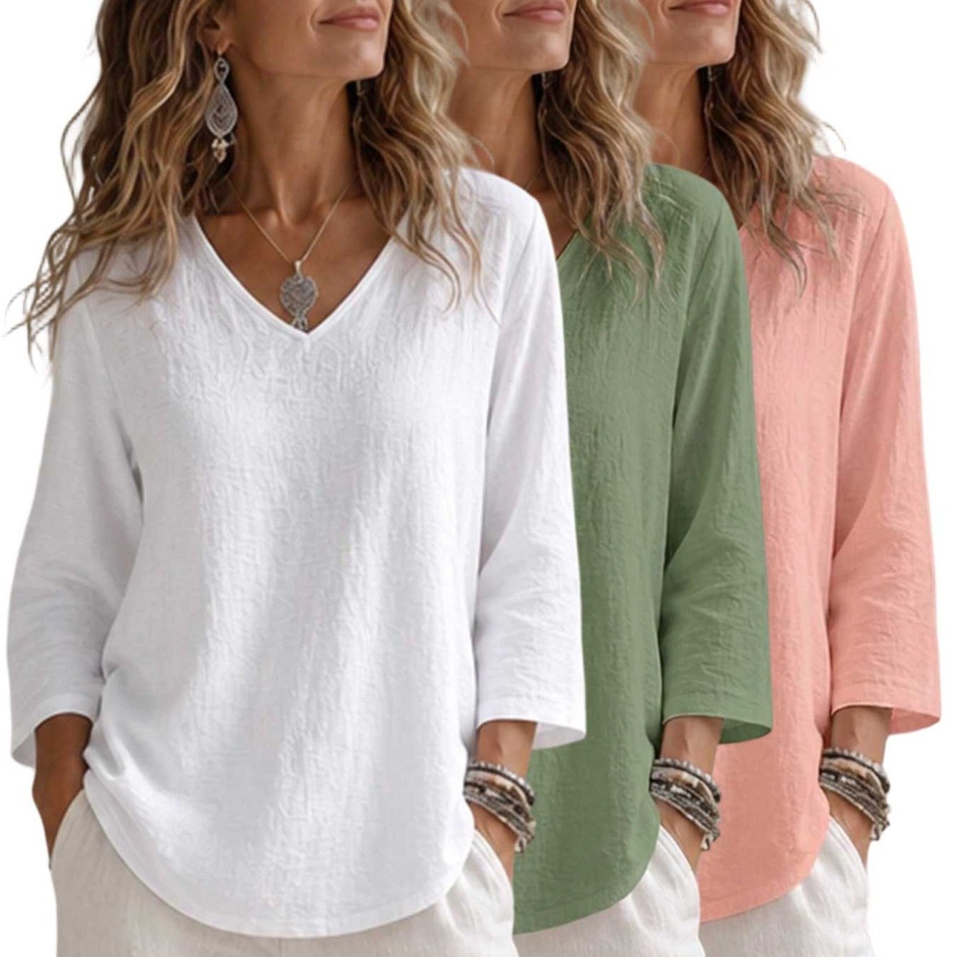 TEMU [solid Color 3pcs Set Qf] Spring Summer Women's Top Solid Color Versatile Loose V-neck 3/4 Sleeve Shirt