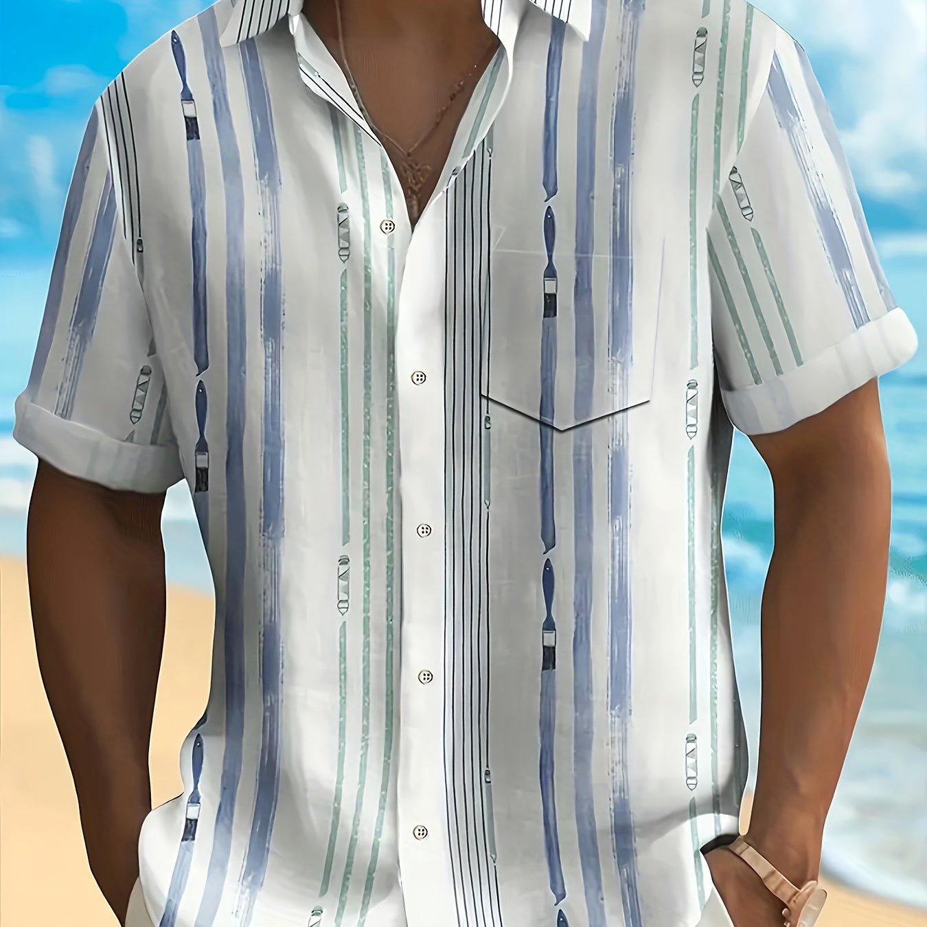 TEMU Men's Lightweight Polyester Casual Shirt - Summer Short Sleeve Relaxed Fit With Chest Pocket, Blue & Gray Vertical Stripes, Machine Washable For