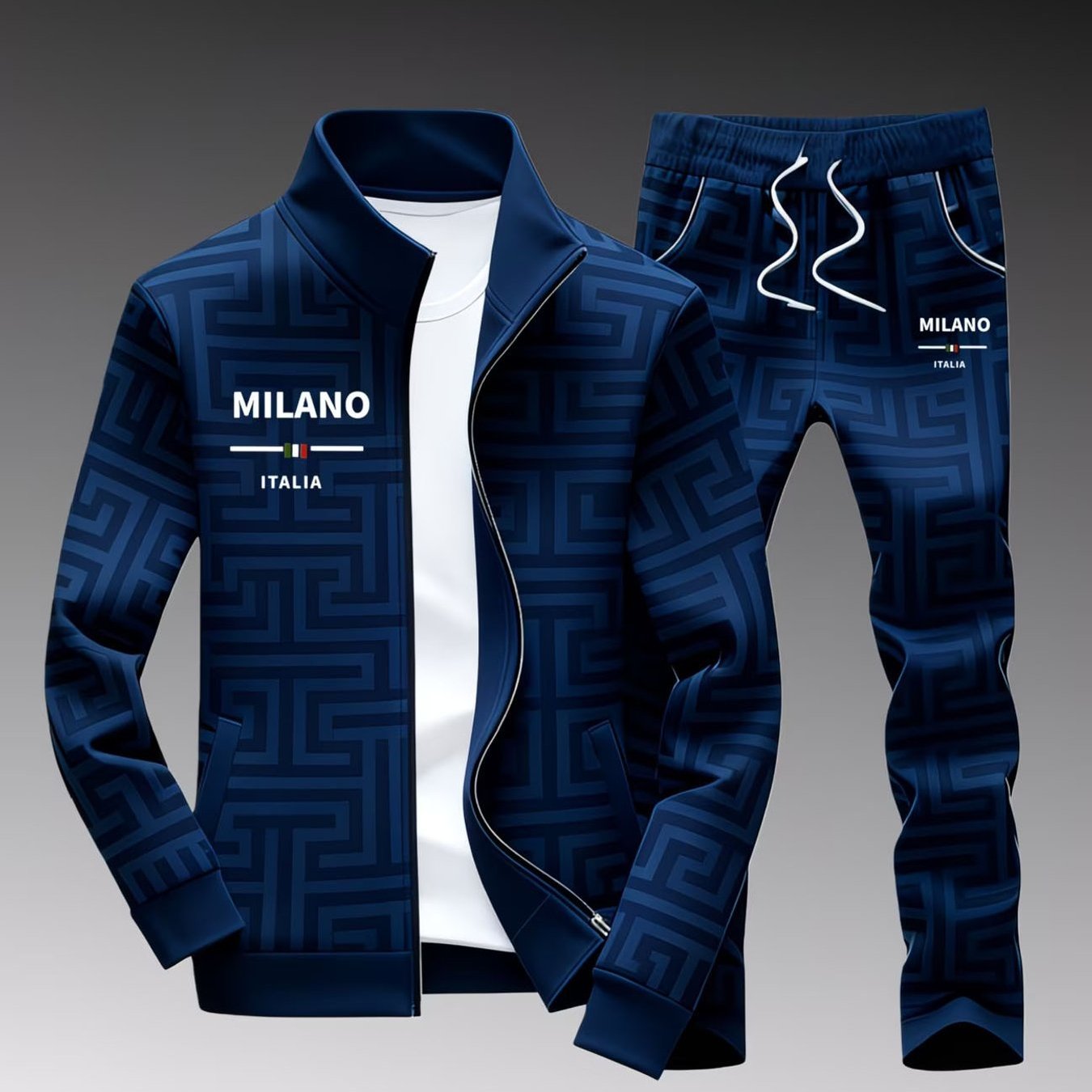 Men's Track Suit Navy Blue Geometric Maze Print Italia Lettering Casual Sportswear Street Style Fashion Outfit For Adults Men Fall Winter Daily Wear Casual Wear Sportswear