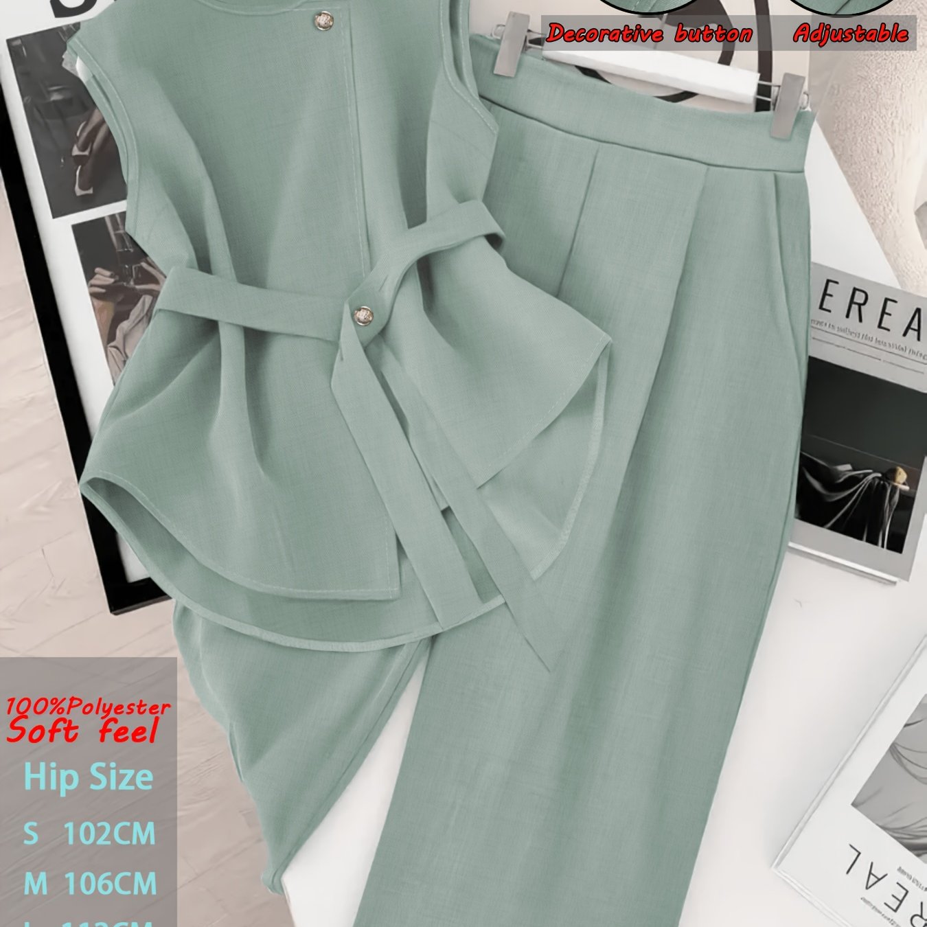 Women's Pullover Two-piece Set: Non-adjustable Decorative Button Neckline, Adjustable Waistband. Round Neck Sleeveless Summer Pullover Set With Elastic Back Waist Trousers. Fabric