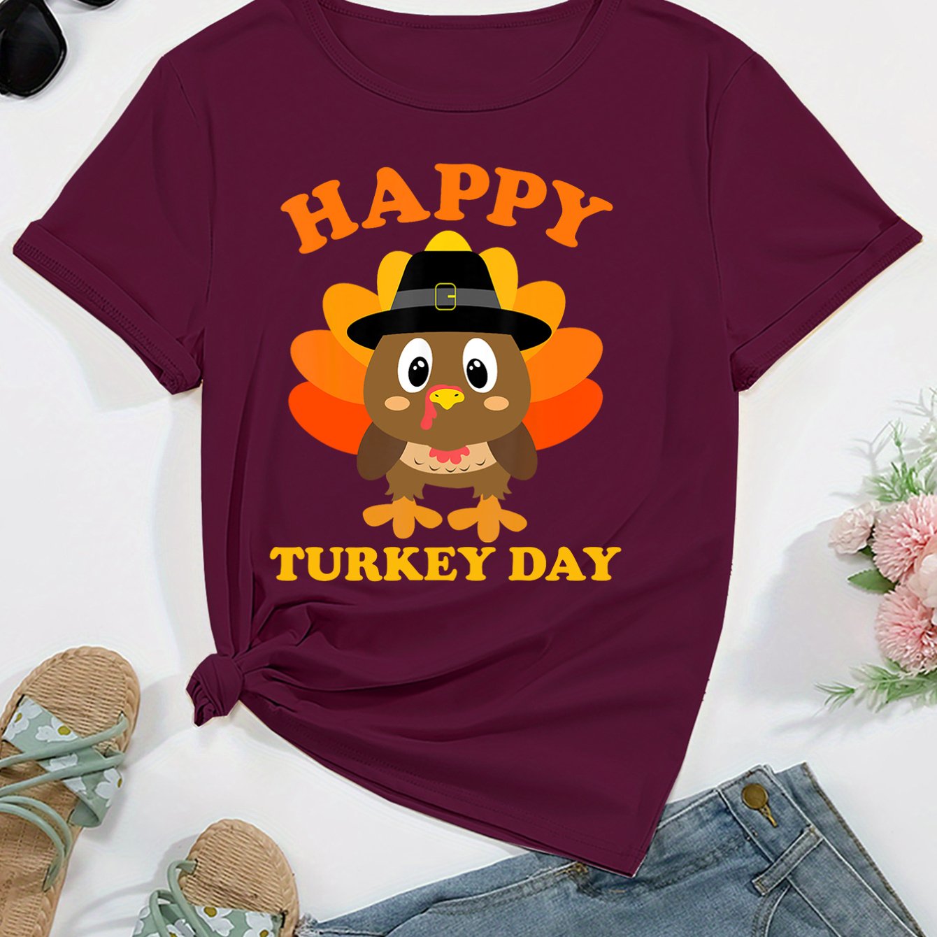 TEMU Happy Turkey Day Cartoon Neck T-shirt - Casual Polyester Knit Fabric With Elastane, Short Sleeve, Regular Fit Pullover For