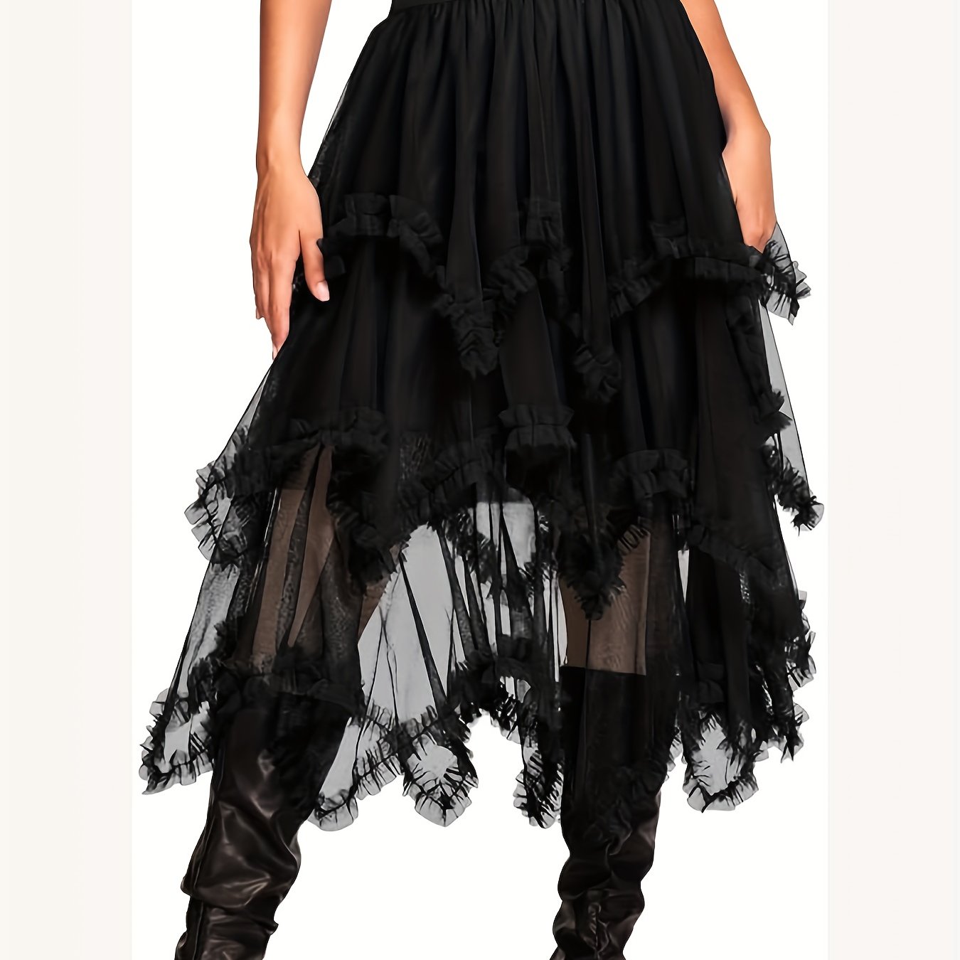 Black Gothic Mesh Irregular Hem Skirt - Punk Style Layered Tulle Skirt