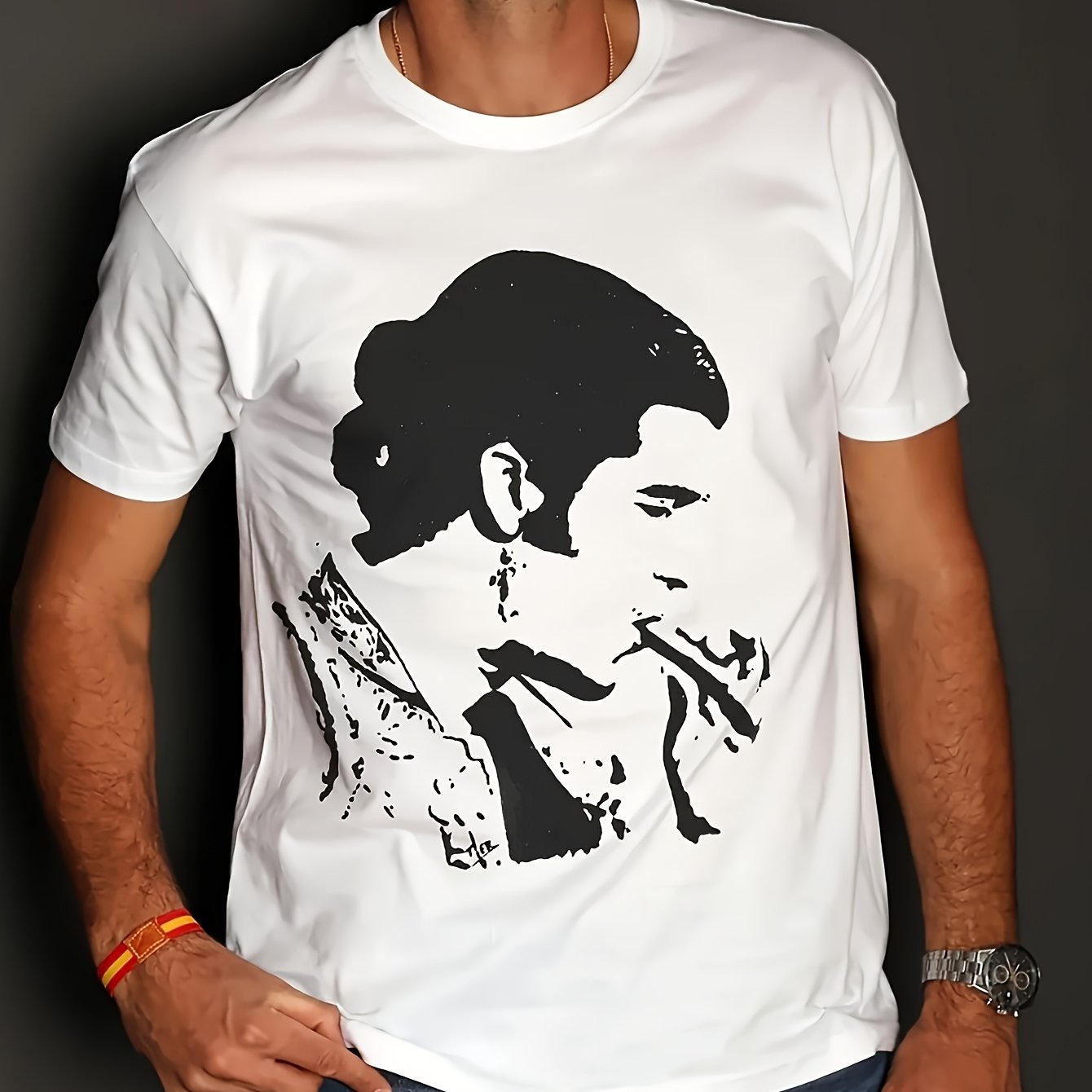 TEMU Camiseta De La Puebla Torero, Estampado Artístico, Blanca, , Nueva y de Moda_ Cuello Casual, Corte Regular, Geométrico, Elección para Hombres