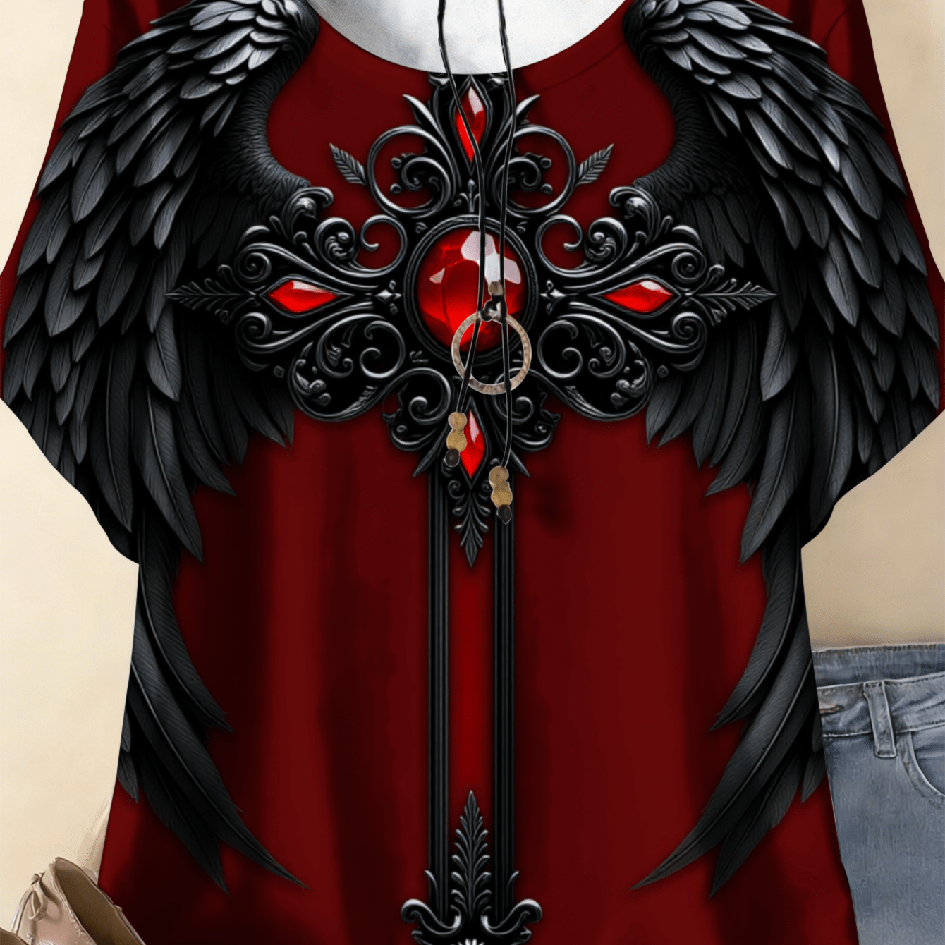 Image of Plus Size - 0-9xl Plus Size Black Wings Sword Women's Summer T-shirt Machine Washable Suitable For Spring, Summer, And Autumn Comfortable Fabrics Friendly