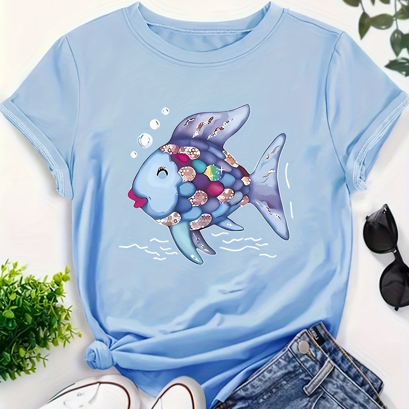 Women' Blue Crew Neck T-shirt - Fun And Book Pattern, Short-sleeved Top, Summer Women's T-shirt , Comfortable Casual Printed Shirt