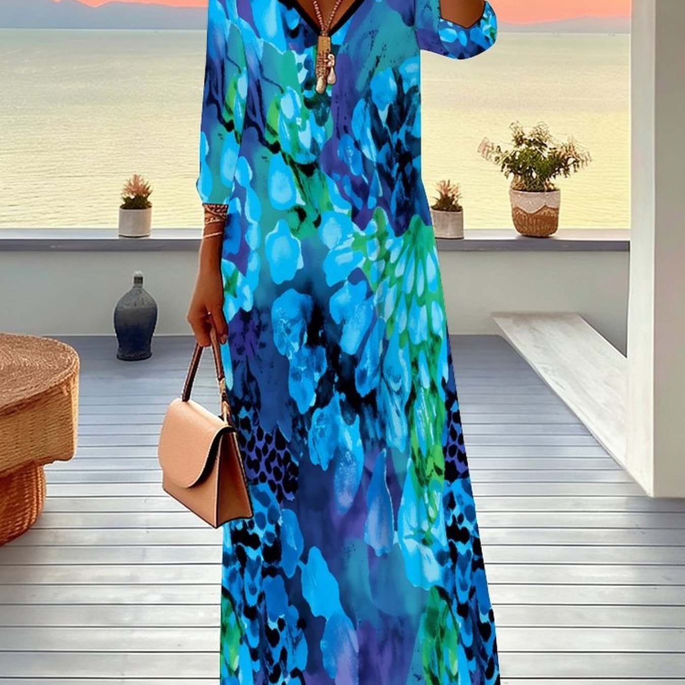 Plus Size - Women's Dress, Women's Plus Size Dress, Tie-dye Style, Full Body Print, Party Occasion, Casual Vacation, Elegant Women's Fashion, V-neck, Mid-length Sleeve Jumpsuit, Long Skirt