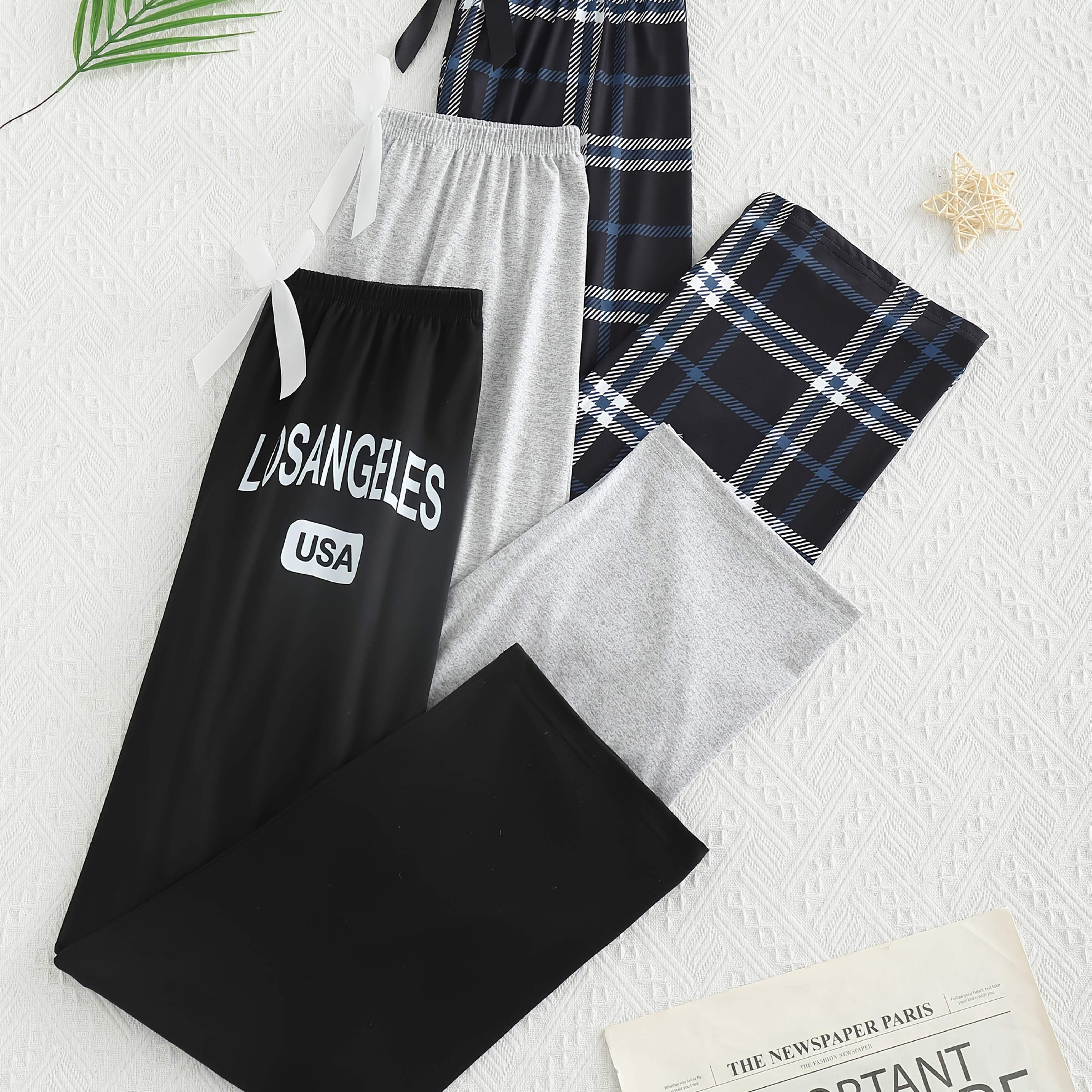 E-shop Damen Schlafhosen 2024 Neu Herbst Grau Schwarz Karo Lange Hosen Dreiteiliges Set Frühling Sommer Herbst Buchstaben Druck Dünn Einfach Casual