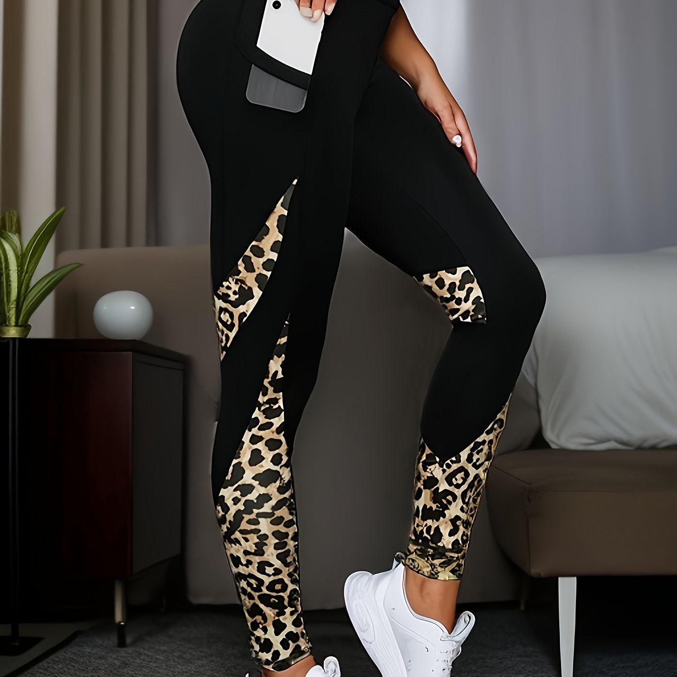 E-shop Damenhose in Übergröße mit Leopardenmuster, Patchwork- schmal zulaufendem Bein für Freizeit, Sport, Fitness, Laufen Yoga