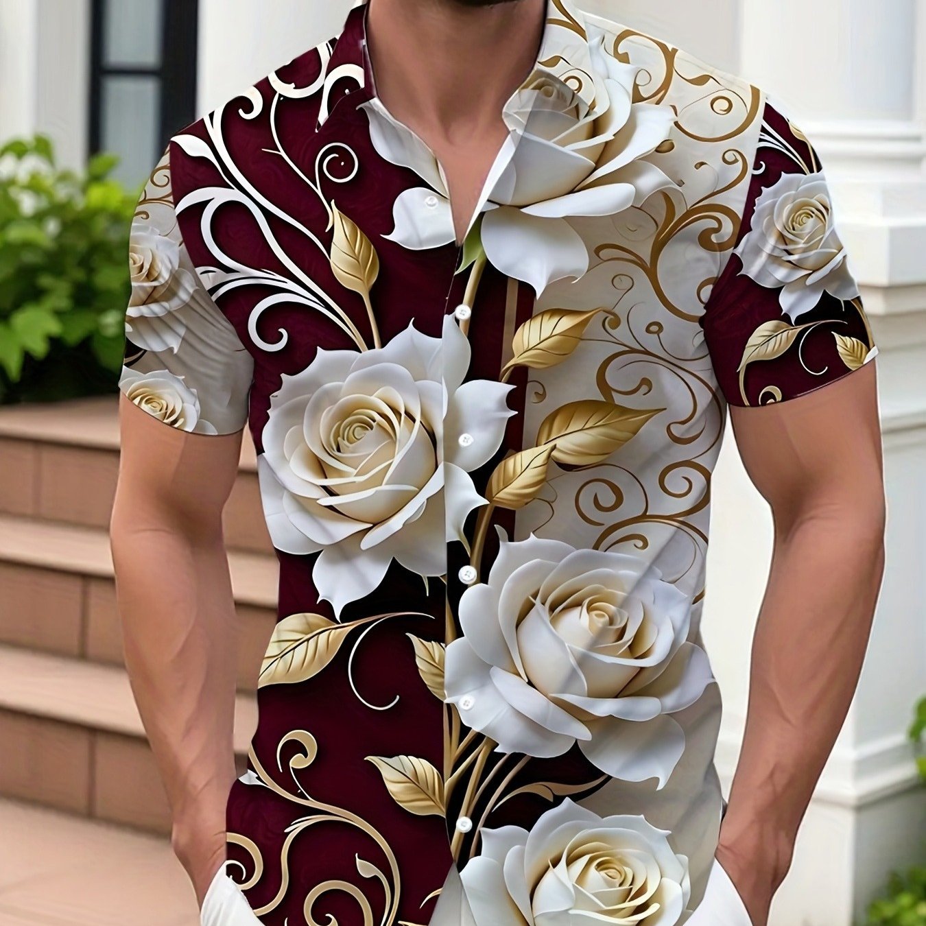 TEMU Men's Hawaiian 3d Floral Print, Red And , Men's Button-up Short Sleeve Shirt