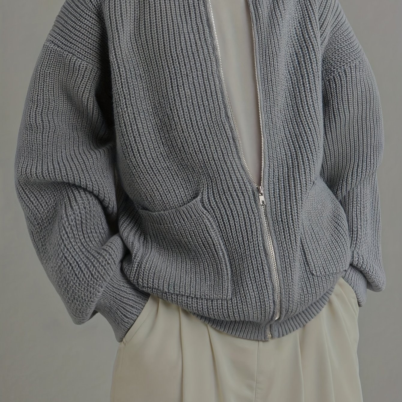 Image of Men's Autumn/winter Zip-up Knit Cardigan, Drop-shoulder Sweater Coat With Pockets, Loose Solid Color Casual Outerwear Top