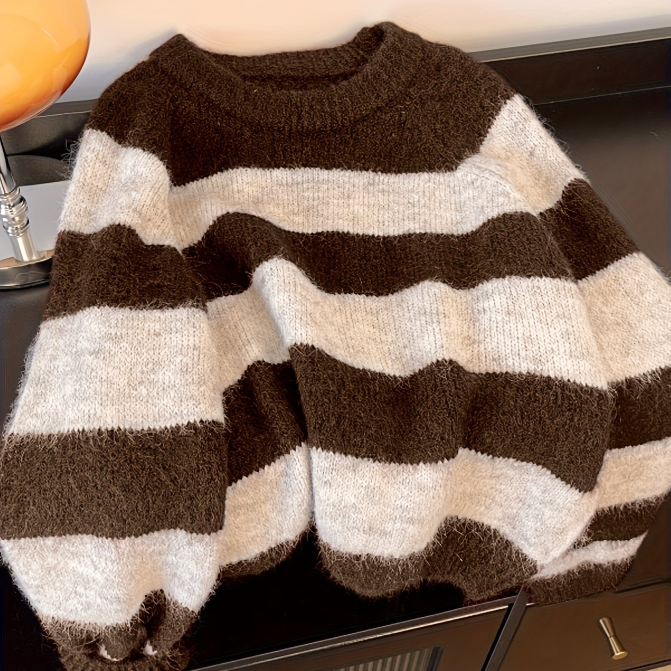 Image of Women's Striped Sweater - Soft Warm Loose Neck Pullover Sweater With & Silhouette, Cozy Winter Sweaters Suitable For Fall Winter Casual Outfits, Blouse-compatible For Daily Wear (hand Washable)