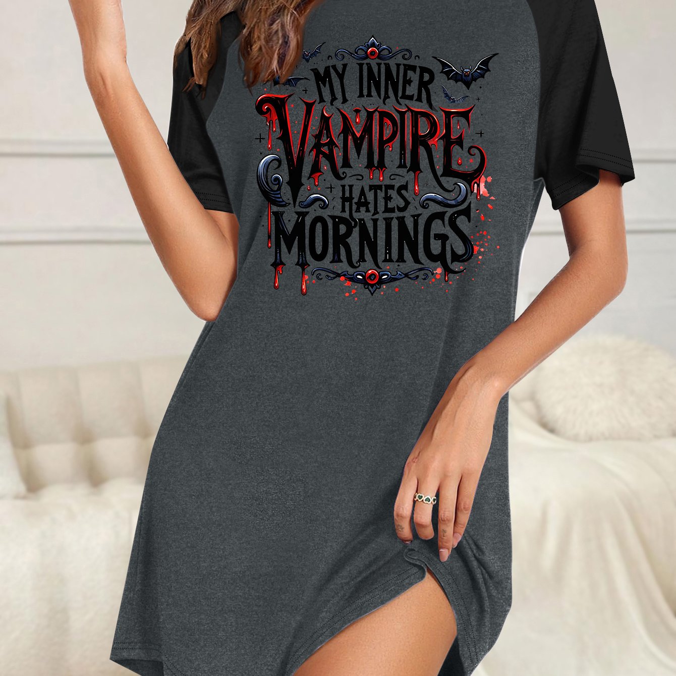 Patterned Print, Raglan Sleeve Nightgown, Round Neck Short Sleeve Casual Women's Wear E21
