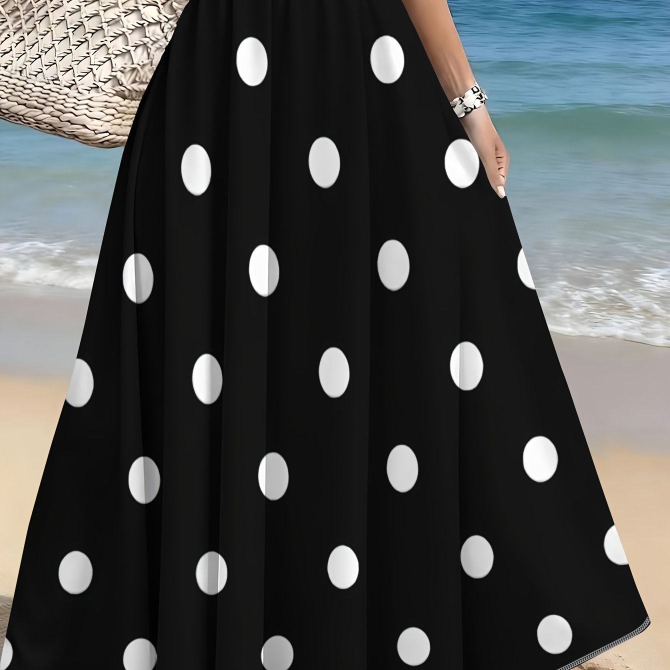 TEMU Spring And Summer New Women's Black And Polka Dot Print Long Skirt, Versatile Loose Casual A-line Skirt
