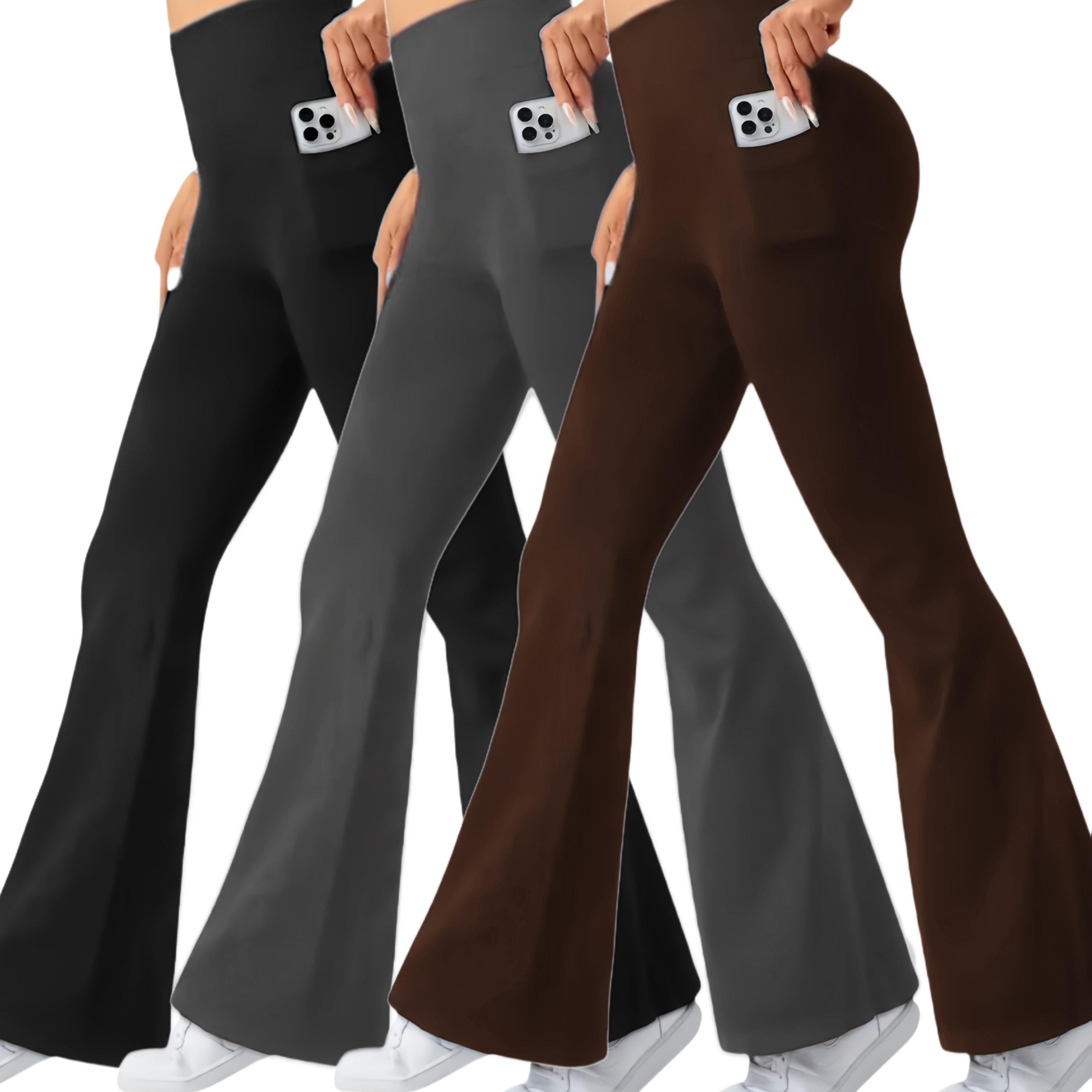 TEMU High-waist 3pcs Women's Flare Leggings With Side Pockets - Tummy Control, Stretchy Bootcut Pants For & Casual Wear - , , Style, Occasion