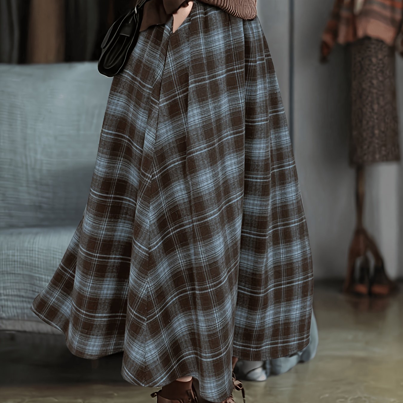 TEMU New Autumn Vintage Plaid Women's Skirt, Brown And Blue Checkered Skirt. Elegant, Loose Fit, Versatile. Suitable For Casual Occasions Such As