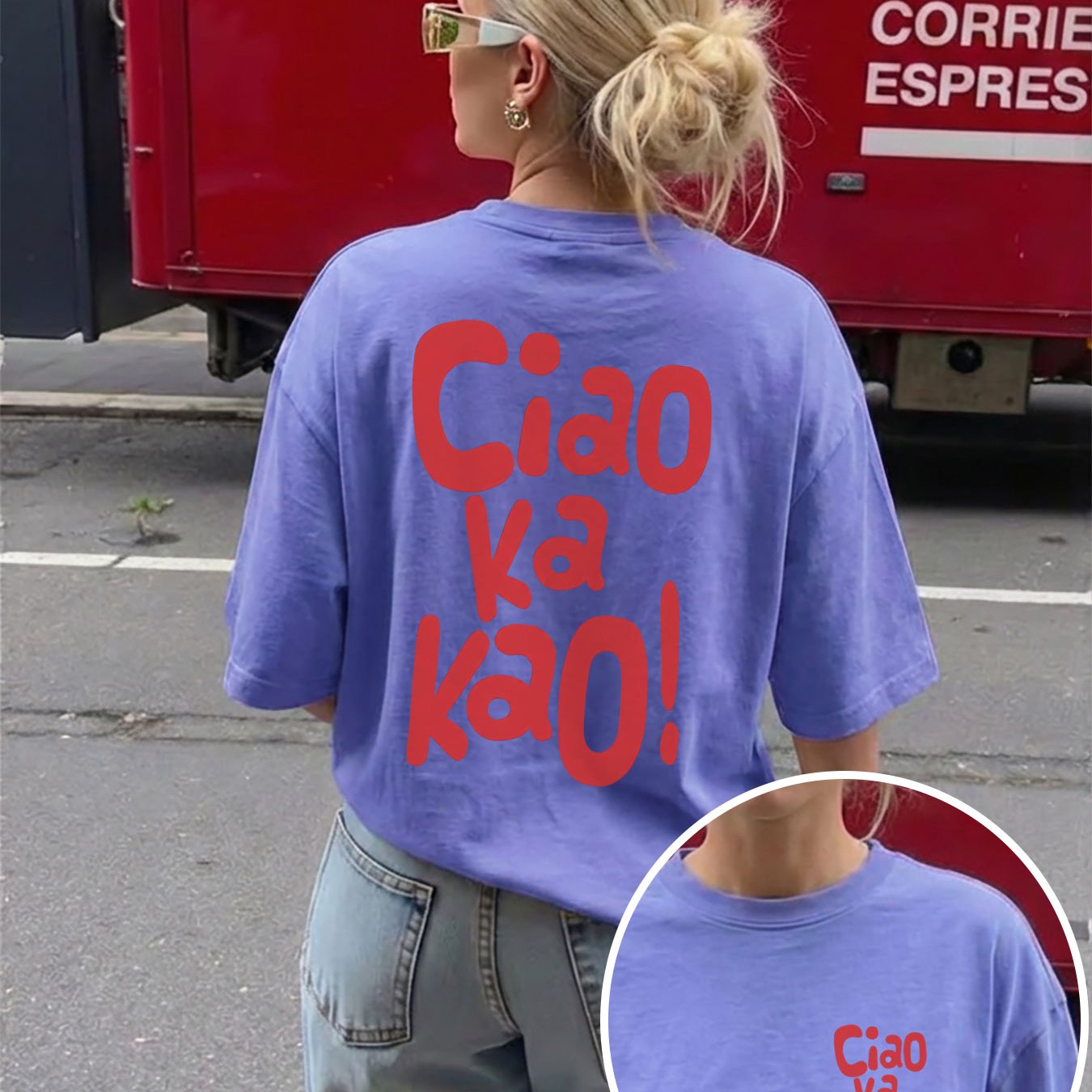 Image of Women's Oversized T-shirt With Double-sided " Ka Kao!" Letter Print, Loose Fit, Comfortable, Skin-friendly, Breathable, Casual, Versatile, And Trendy Short-sleeve Top