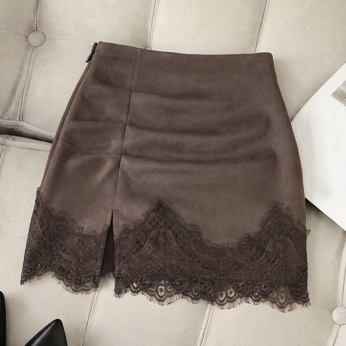 TEMU Damen Herbst Neue Einfache Modische Elegante Geeignet für Ausflüge Tägliche Pendelung Einfarbiger Rüschen Taillierter Rock mit Spitzensaum